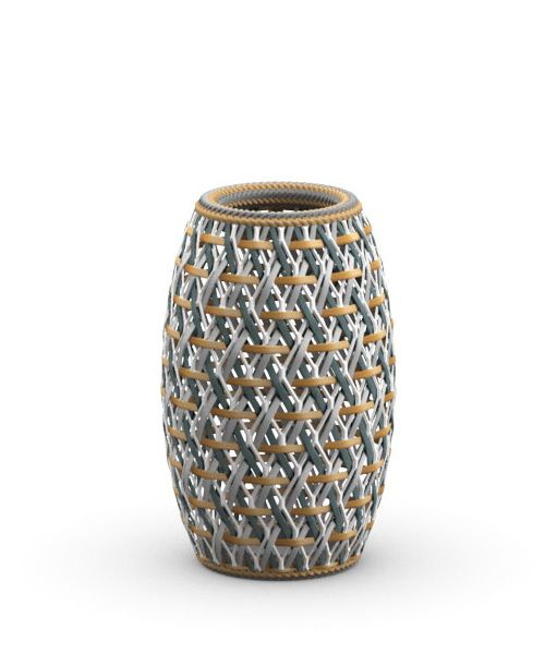 Dala Laterne von Dedon, kleine Outdoor-Laterne aus geflochtenen, wetterfesten Fasern in Grau, Weiß und Beige.