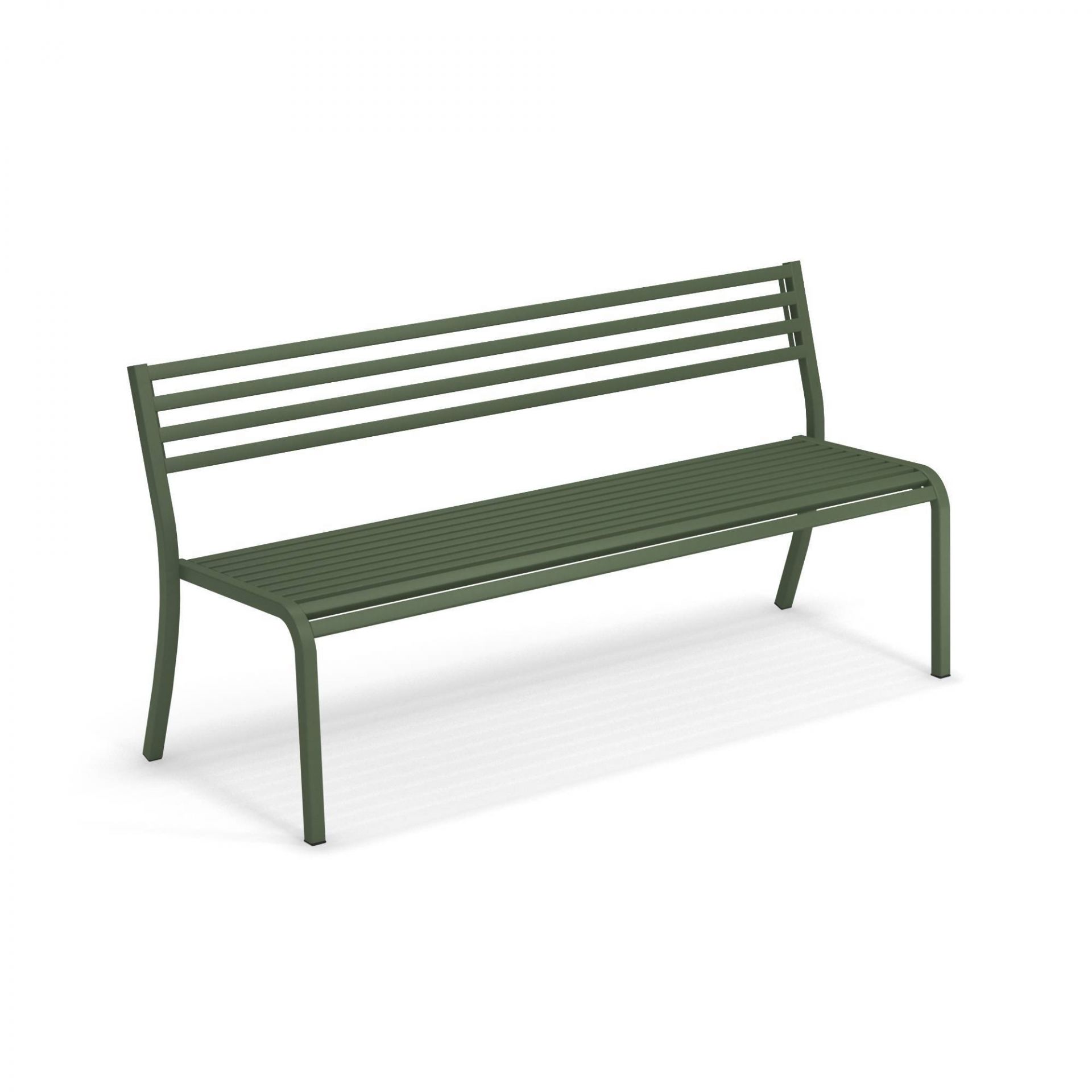 Emu Segno Bank in Militärgrün, eine moderne Gartenbank aus Metall für den Außenbereich.