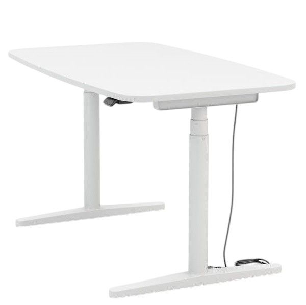 Vitra Tyde 2 Home Desk, weißer Steh-Sitz-Schreibtisch mit höhenverstellbarem Gestell für ergonomisches Arbeiten.
