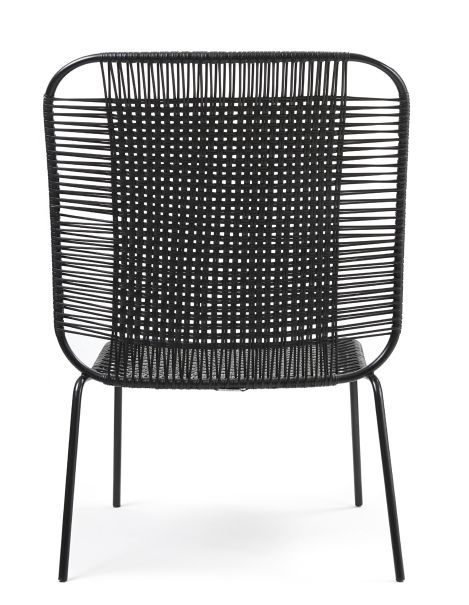 Schwarzer Cielo Lounge Chair mit hoher Rückenlehne, Outdoor-Stuhl mit geflochtener Sitzfläche und Stahlgestell.