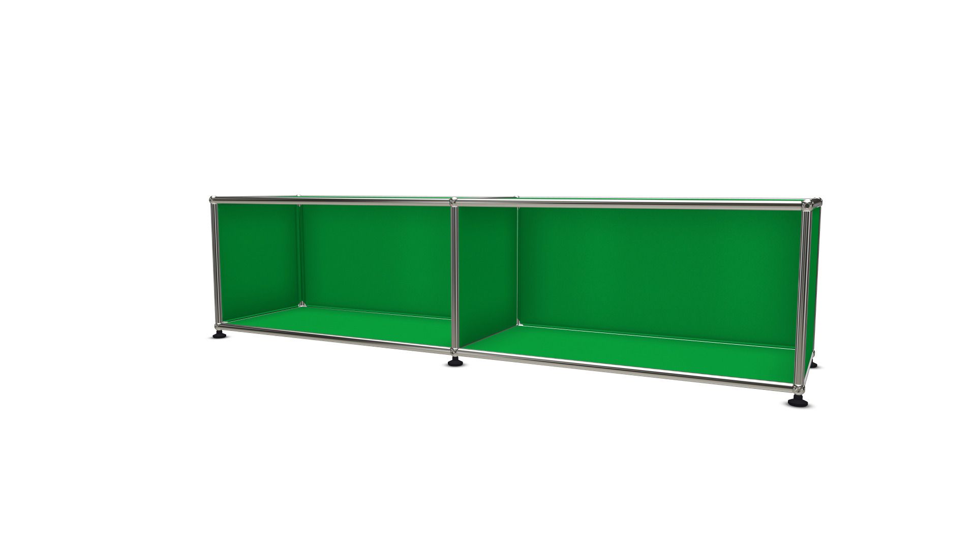 USM Haller Lowboard in Grün mit offenen Fächern und verchromtem Stahlrohr-Gestell für Wohnzimmer.