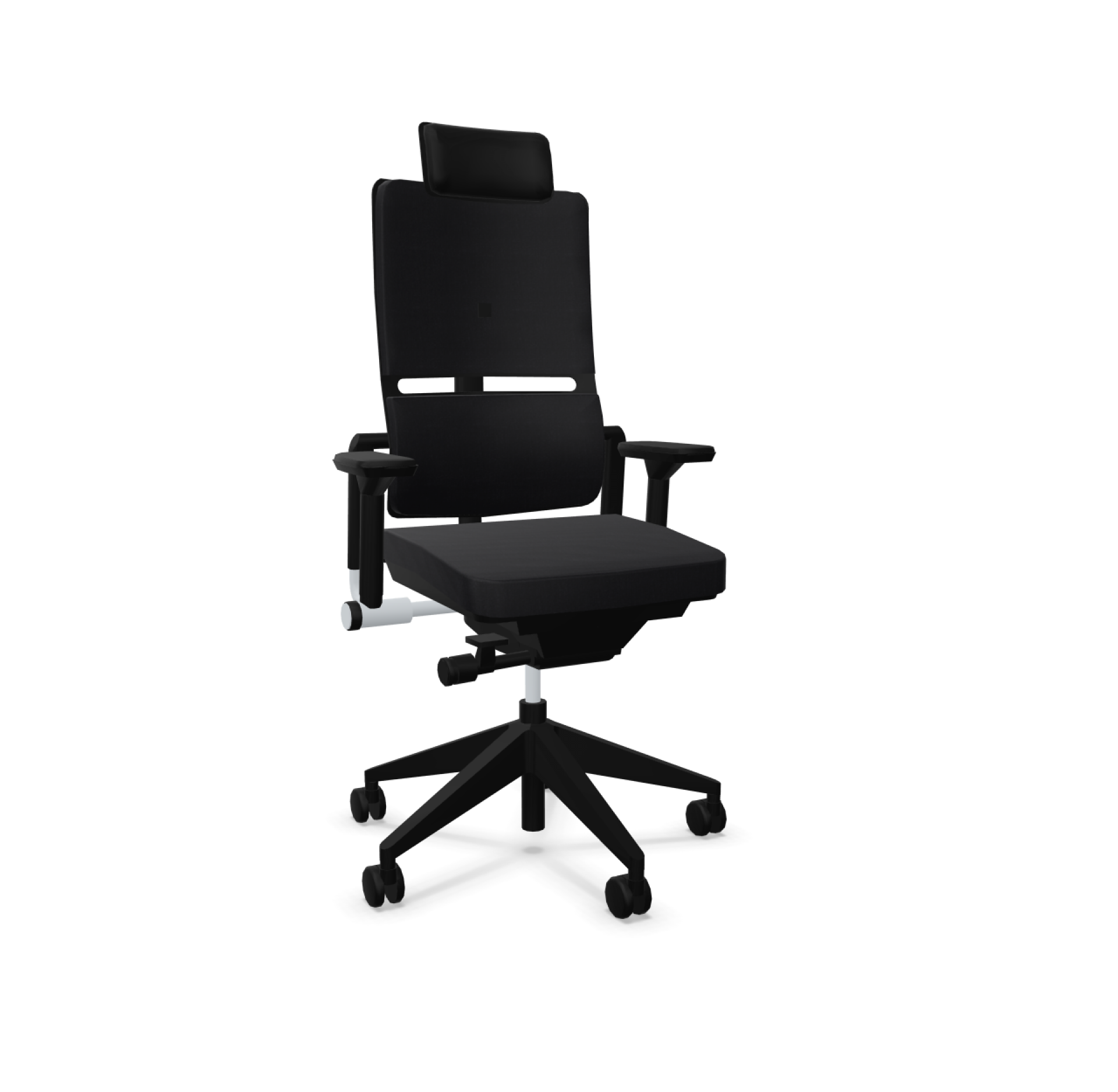 Schwarzer Please Bürostuhl von Steelcase mit Kopfstütze, ergonomisch und modern für komfortables Sitzen.