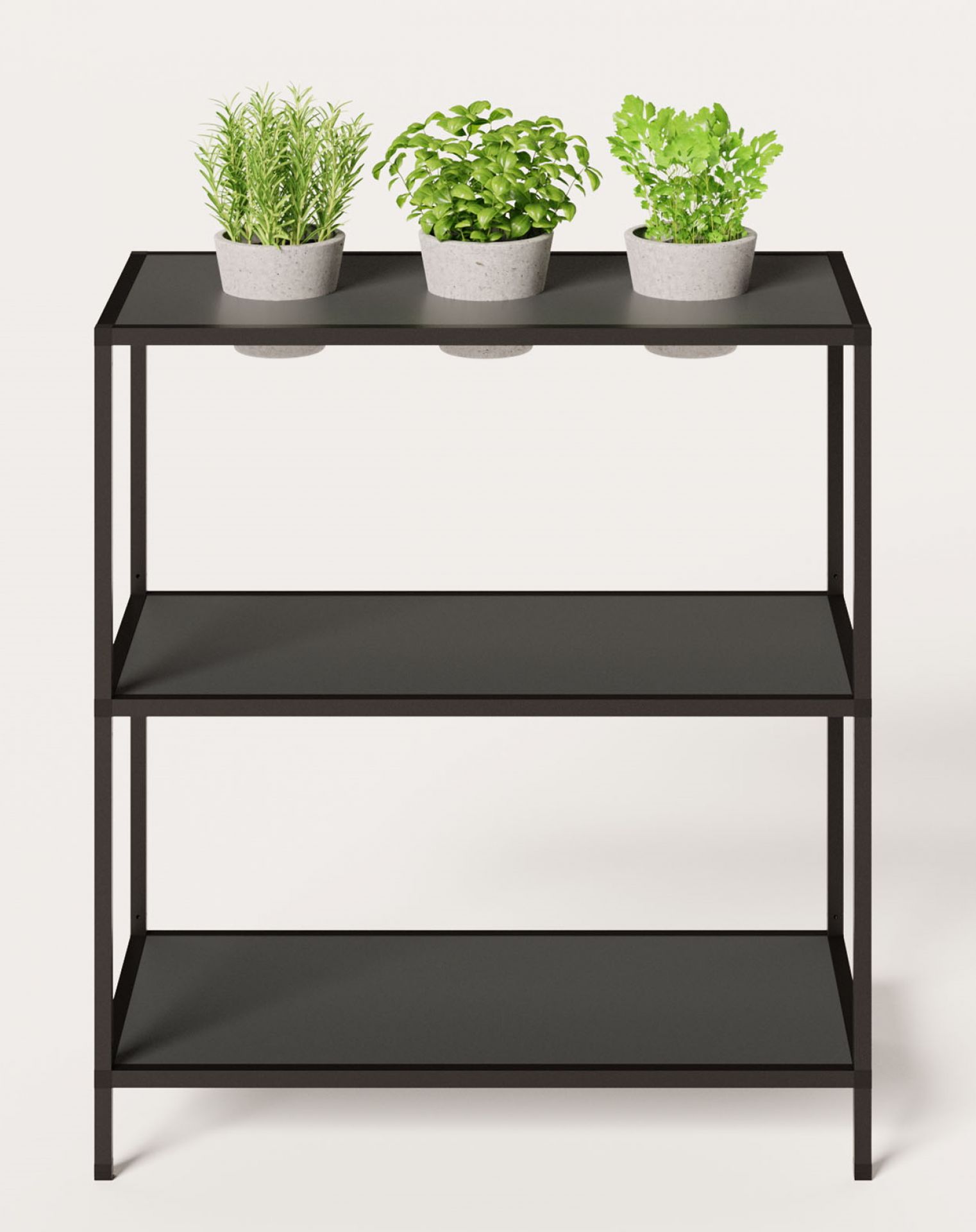 Schwarzes P4 Regal mit zwei Fächern von Palmberg, bepflanzt mit Kräutern, für Büro und Zuhause.