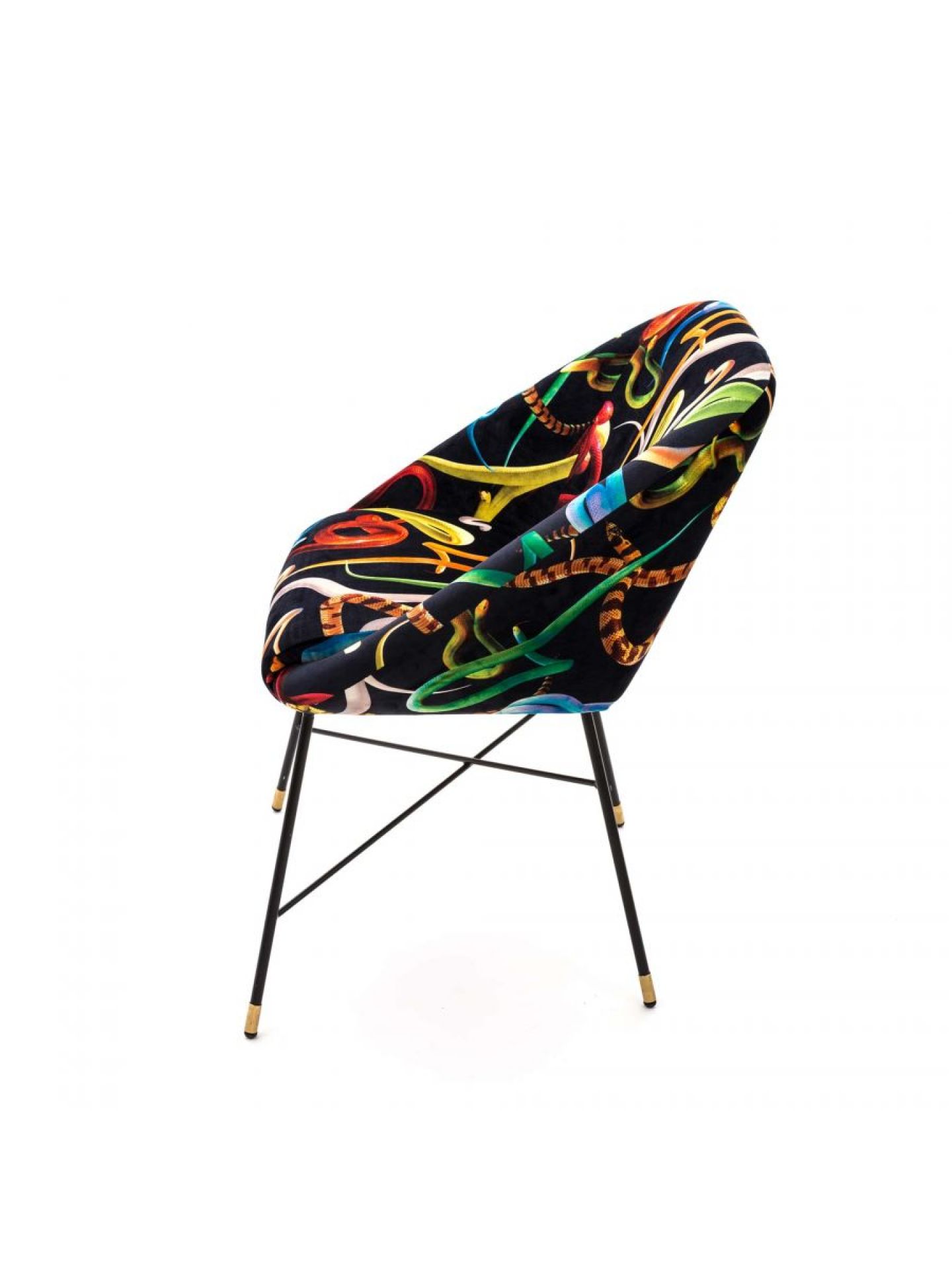 Toiletpaper Polsterstuhl Snakes Seletti Toiletpaper Polsterstuhl Snakes Seletti mit schwarzem Samtbezug und buntem Schlangenmuster auf filigranem, schwarzem Metallgestell.