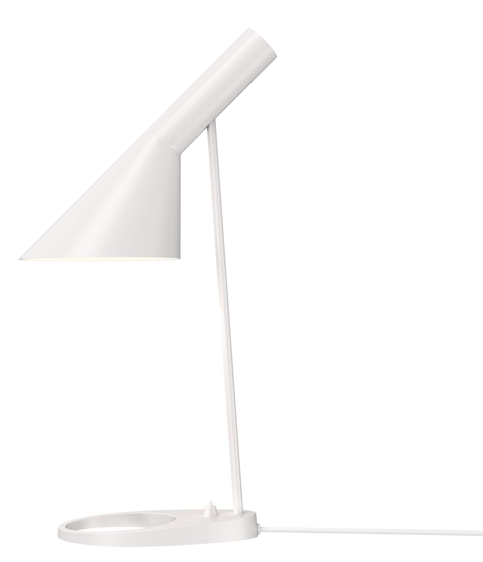 Weiße AJ Tischleuchte von Louis Poulsen, modernes Design für Schreibtisch und Nachttisch.