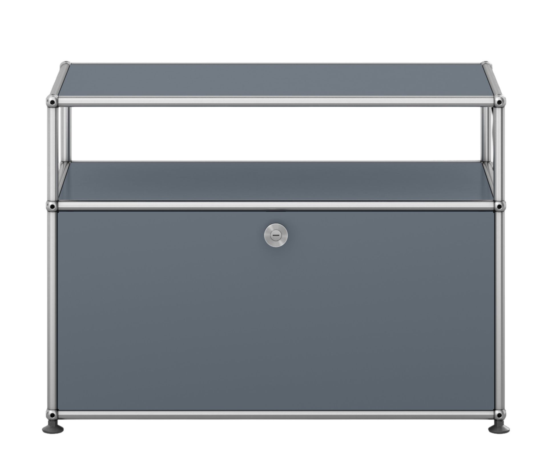 USM Haller Beistelltisch in Mittelgrau mit einer Klappe und offenem Fach, modernes Designmöbel.