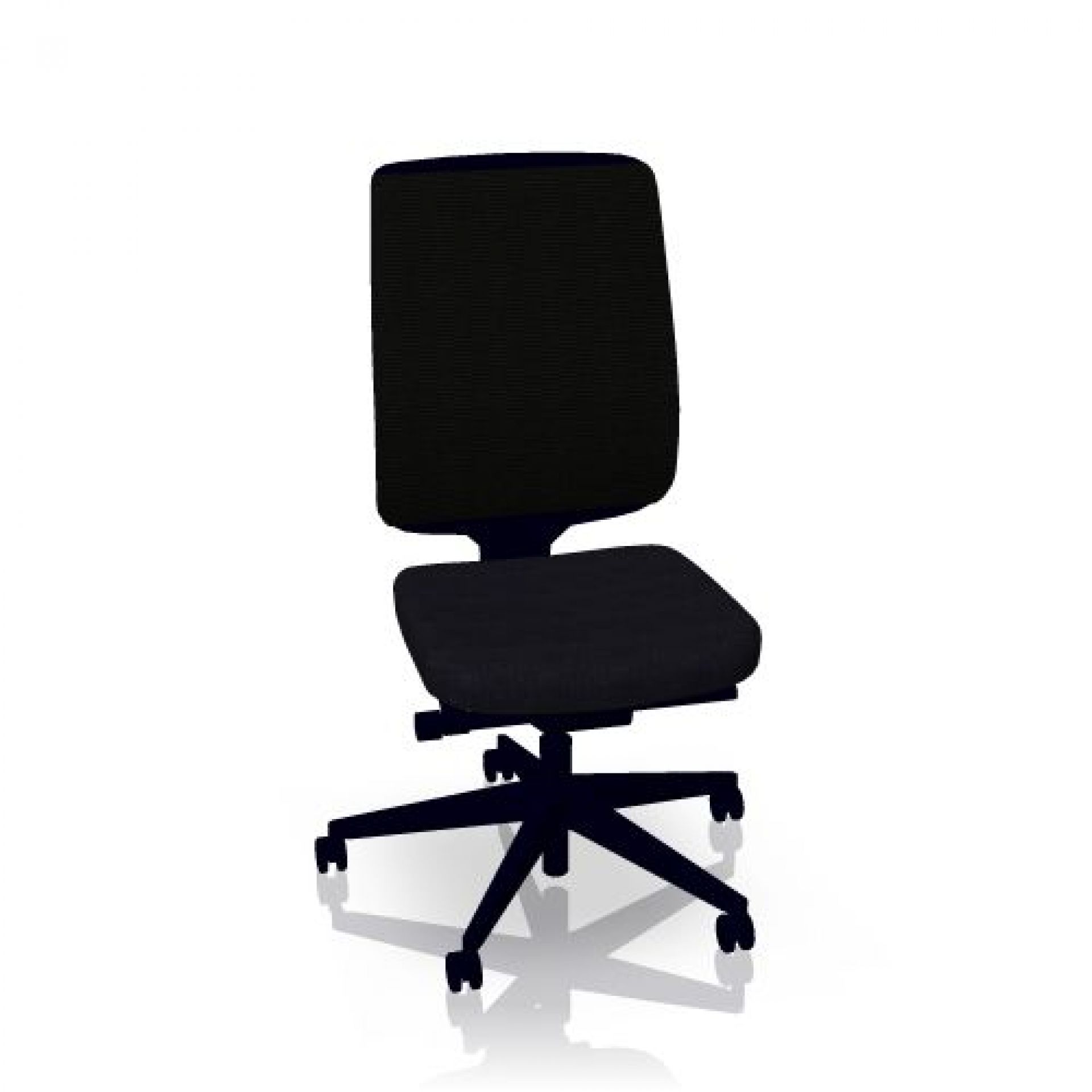 Schwarzer Steelcase Reply Bürostuhl mit Netzrücken und Rollen auf weißem Hintergrund.