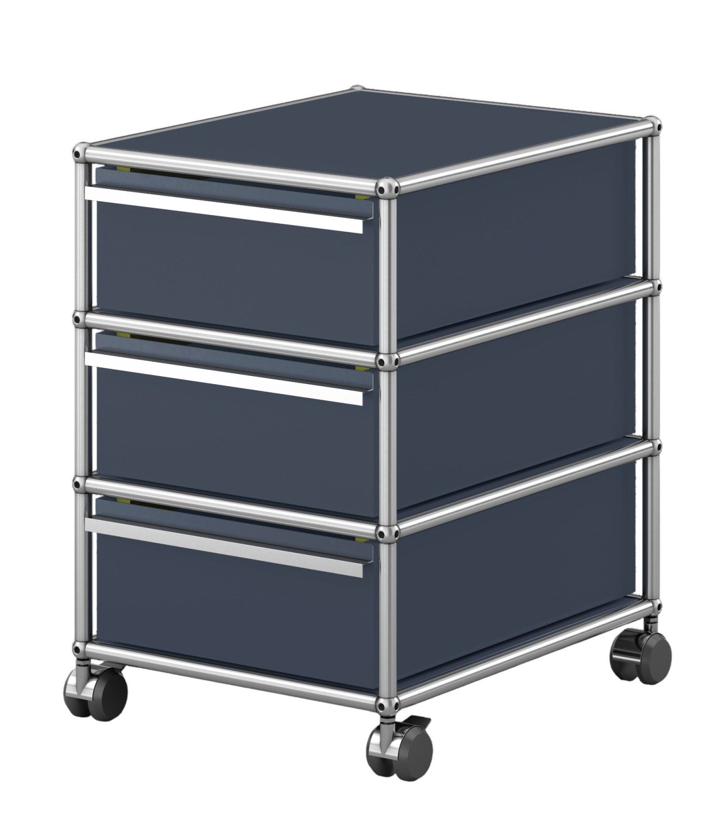 Anthrazitgrauer USM Haller Rollcontainer mit drei Schubladen und silbernem Gestell auf Rollen.