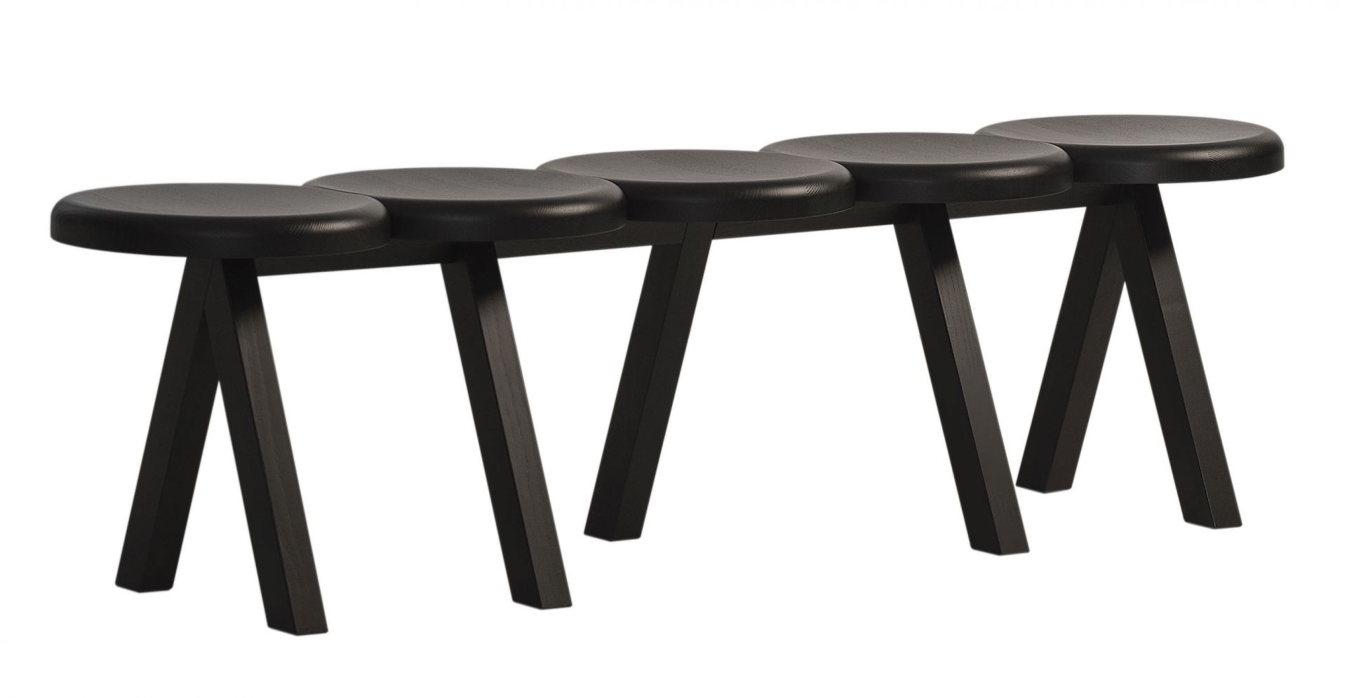 Schwarze Millepiedi Bank von Driade mit fünf runden Sitzflächen und schrägen Beinen. Design Sitzbank.