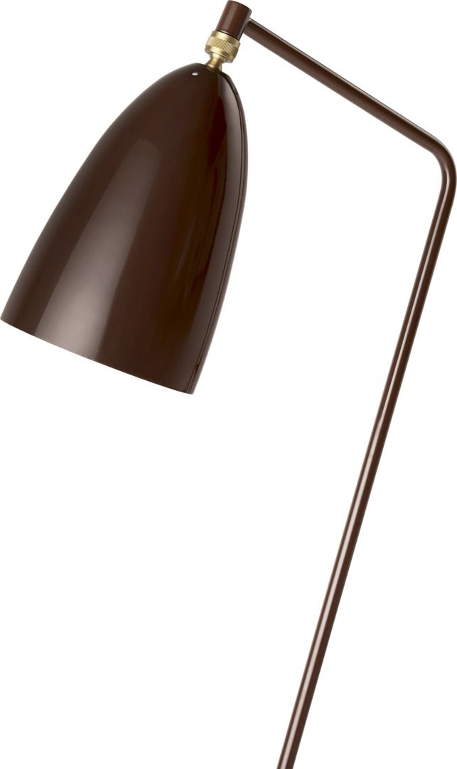 Gräshoppa Stehleuchte in Walnussbraun glänzend von Gubi, eine moderne Bodenleuchte für Wohnzimmer und Büro.