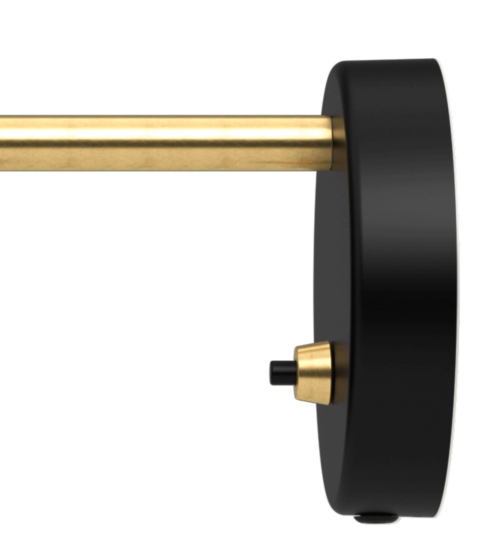 Detailaufnahme der VL38 Wandleuchte von Louis Poulsen in Schwarz mit goldenem Arm und Schalter.