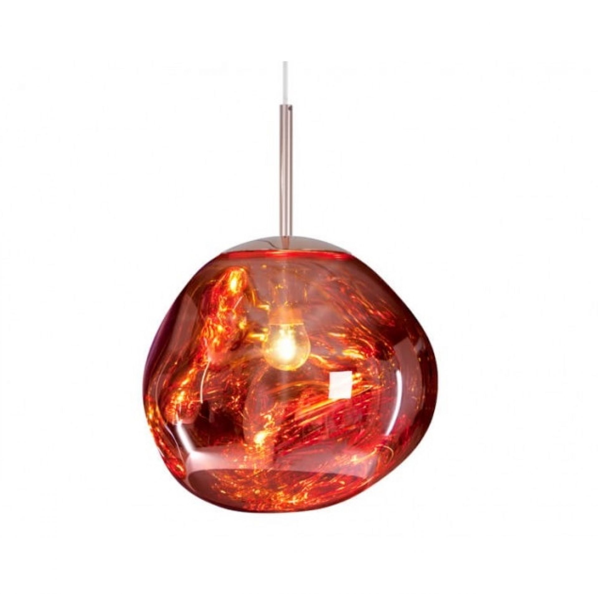 Nahaufnahme der roten Tom Dixon Melt LED Hängeleuchte mit warmem Licht und einzigartiger Form.