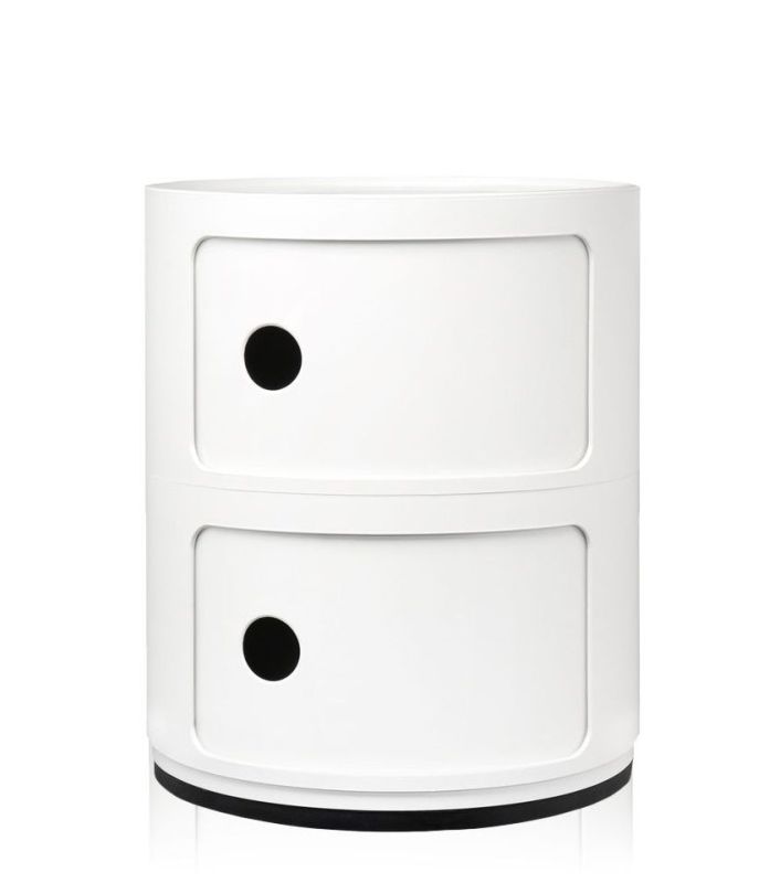 Weißer Componibili 2er Container von Kartell: Moderner, runder Nachttisch mit zwei Fächern und schwarzen Griffmulden.