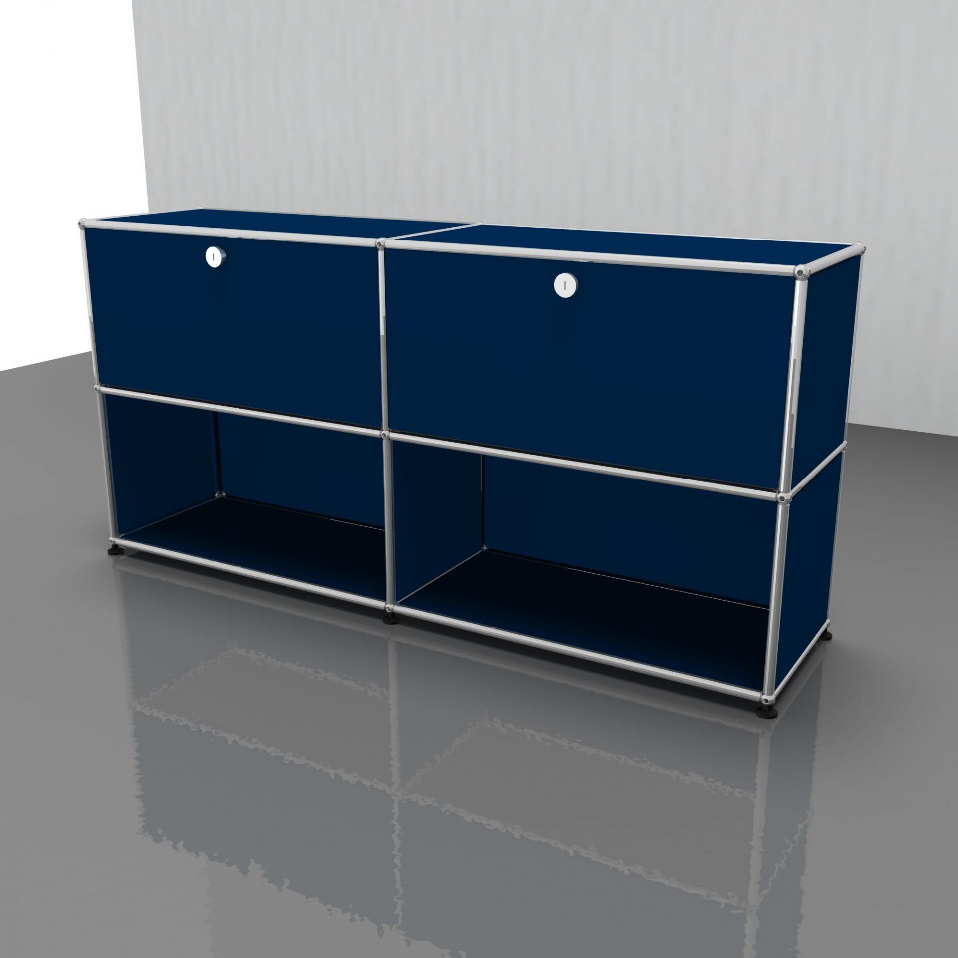 Blaues USM Haller Sideboard mit zwei Klappen und verchromtem Gestell, modernes Designmöbel für Wohnzimmer und Büro.