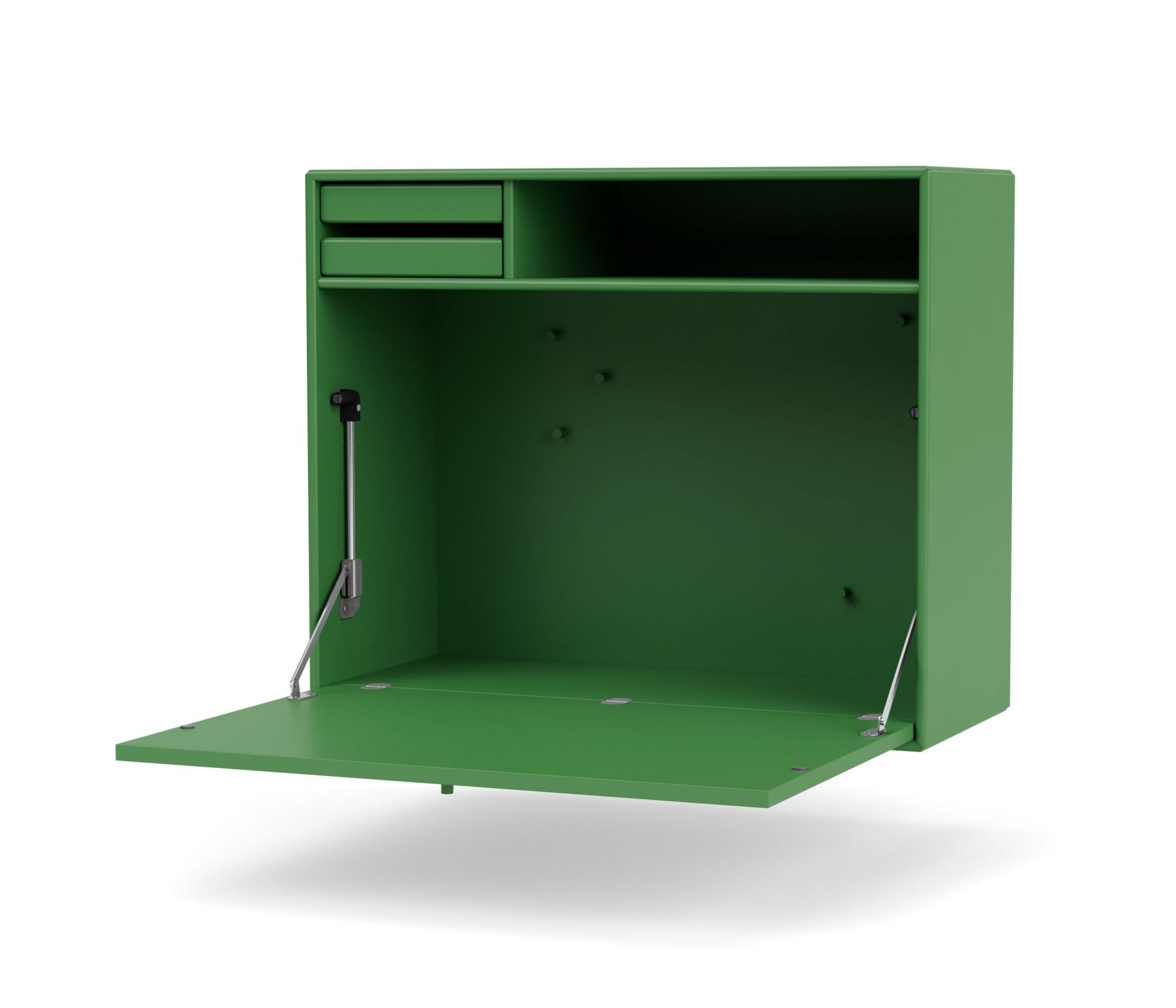Grüner STUDIO Sekretär mit geöffneter Schreibklappe, Schubladen und Ablagefach für Homeoffice.