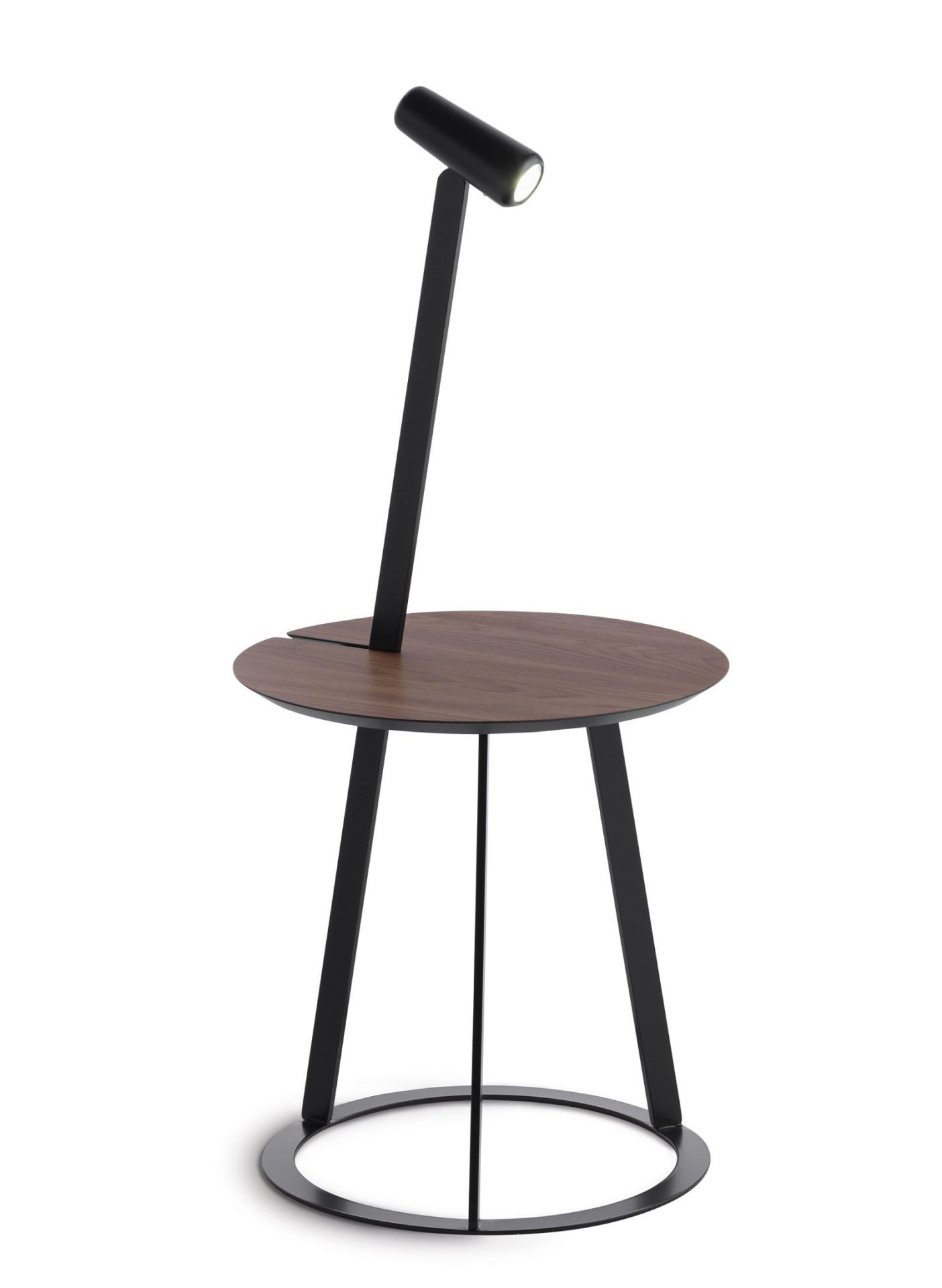 Albino Torcia Beistelltisch mit Walnussplatte und integrierter, schwarzer Leuchte für Wohnzimmer und Schlafzimmer.