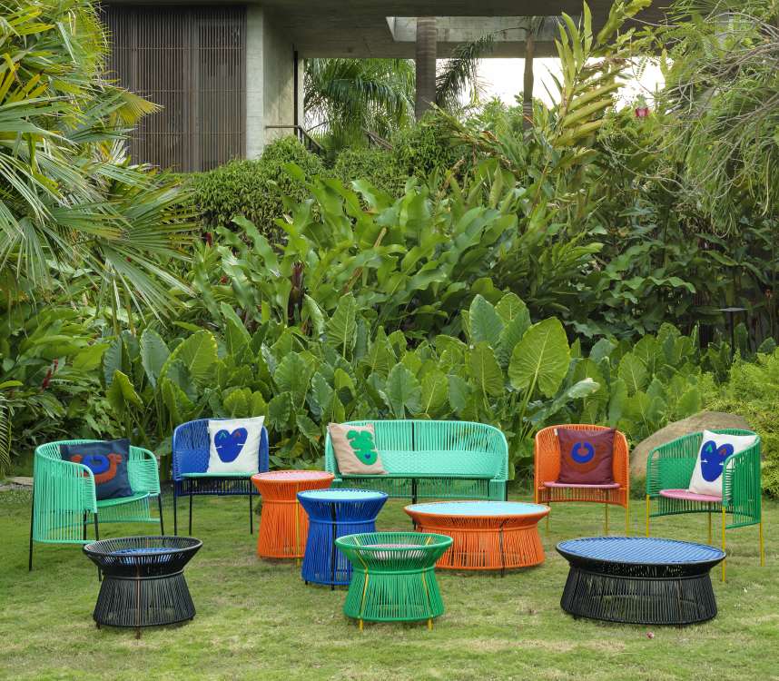 Caribe 2-Sitzer Bank Outdoor ames Smaragdgrün / Kaugummirosa / Currygelb