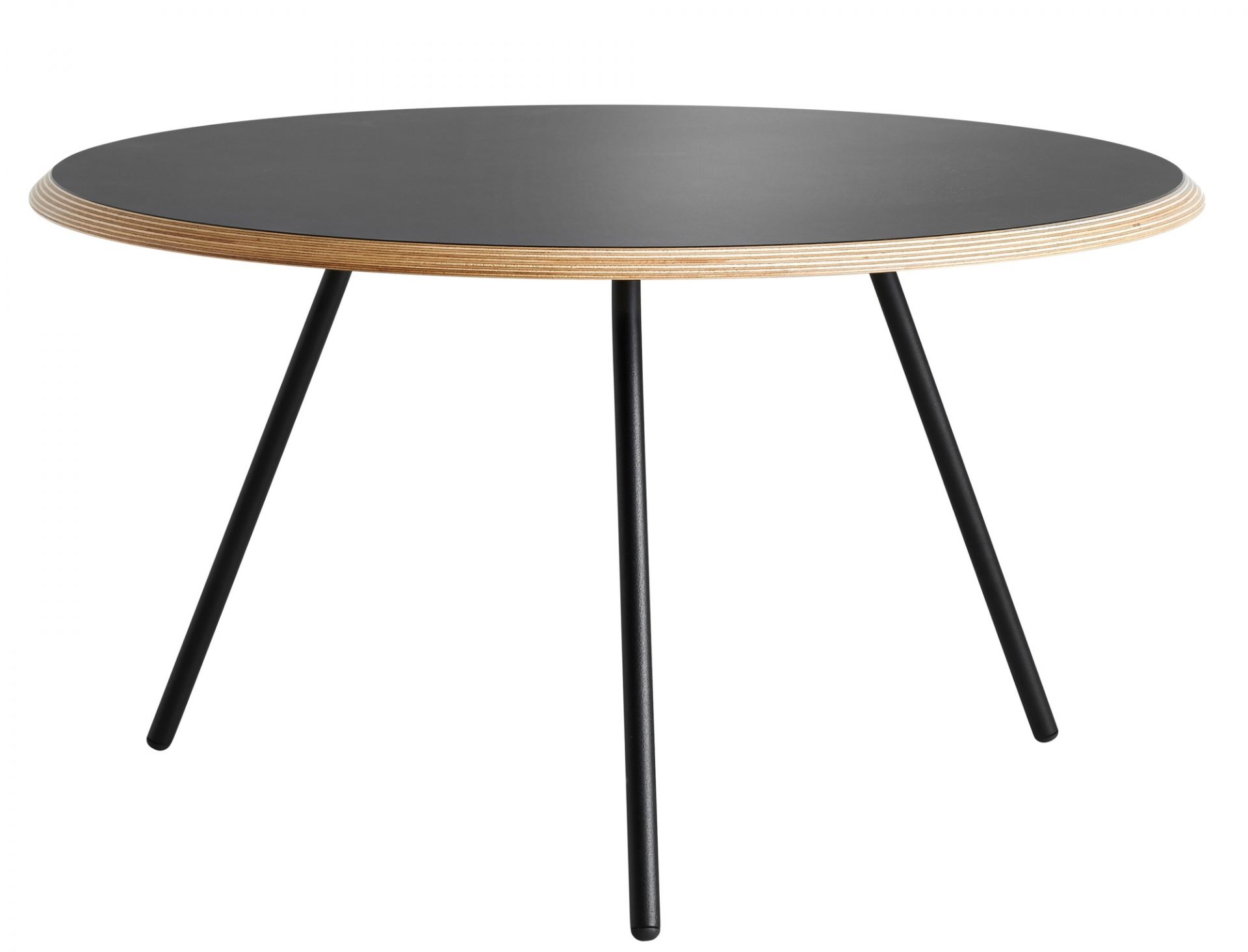 Soround Couchtisch in Anthrazit von Woud mit drei schwarzen Beinen und runder Tischplatte.