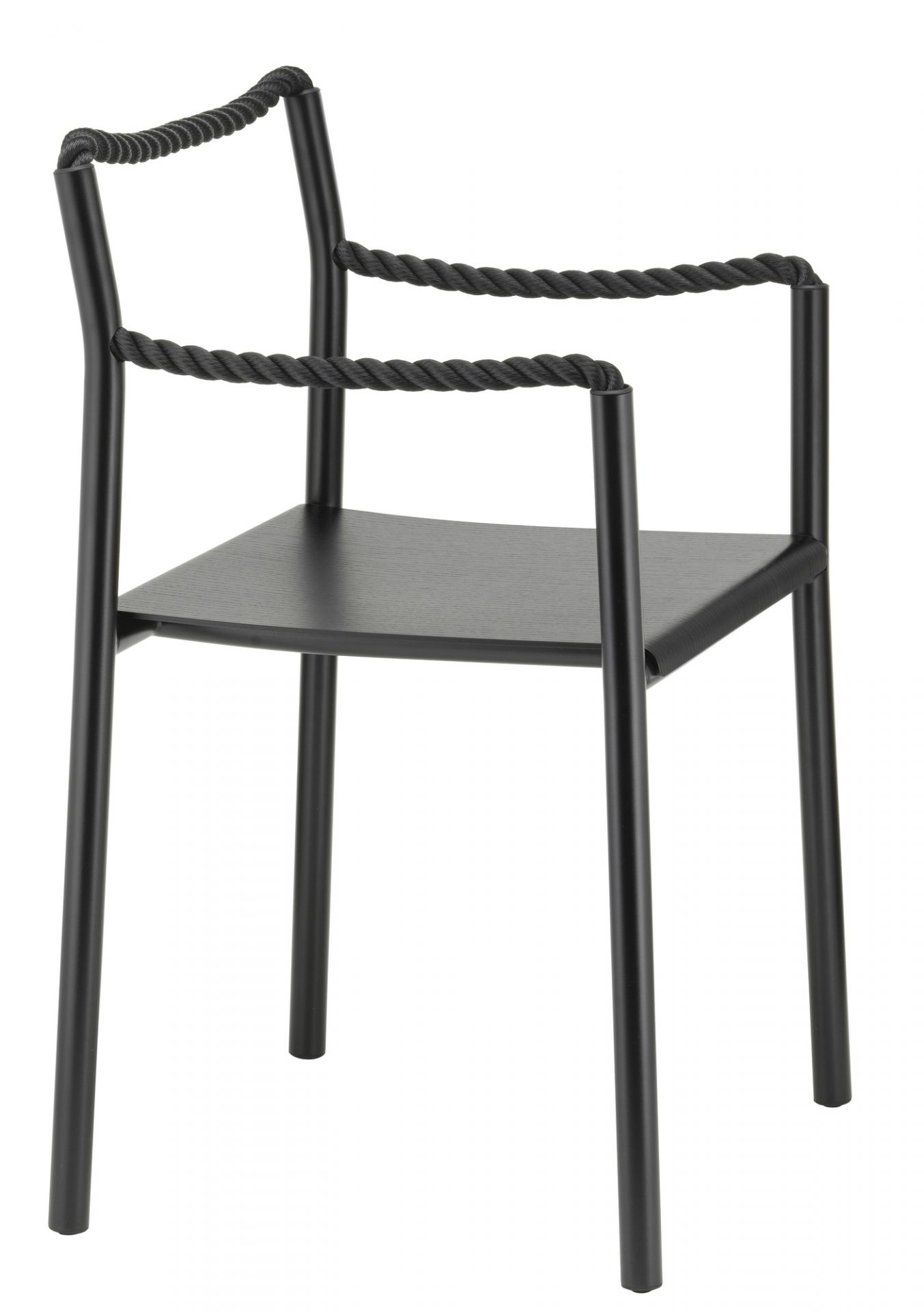 Schwarzer Artek Rope Chair Stuhl mit Seil-Details für Rückenlehne und Armlehnen. Design Möbel.