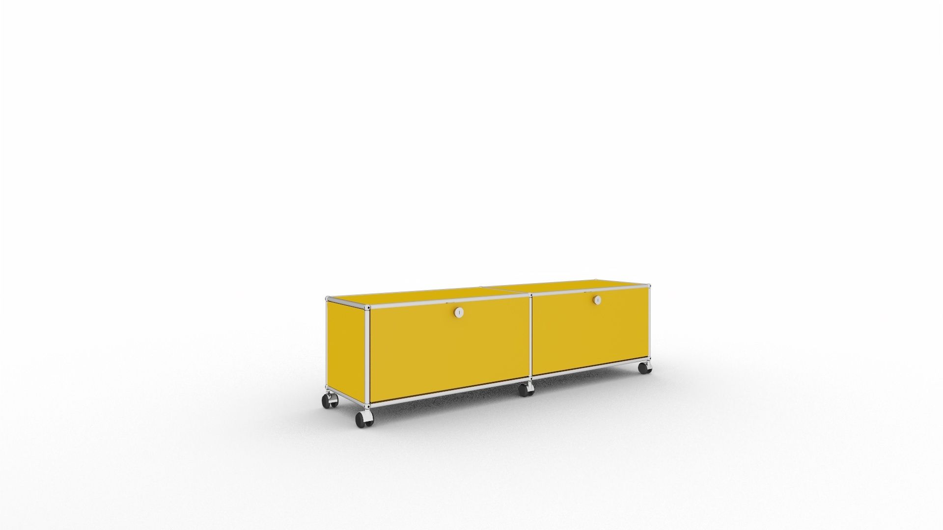 Gelbes USM Haller Lowboard mit zwei Fächern und Rollen auf weißem Hintergrund.