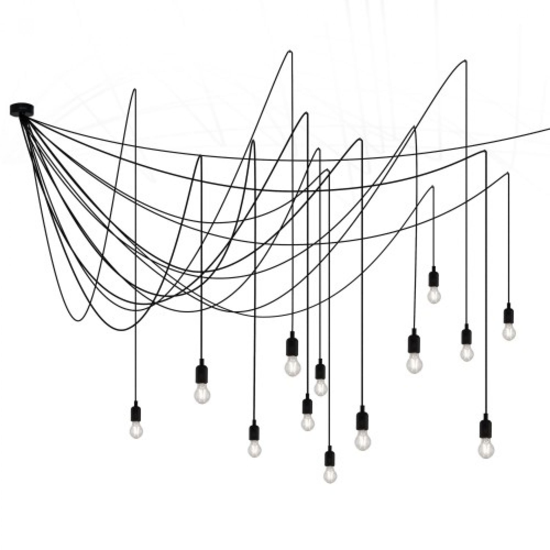 Schwarze Maman Pendelleuchte von Seletti mit vielen Glühbirnen an langen Kabeln, modernes Design.