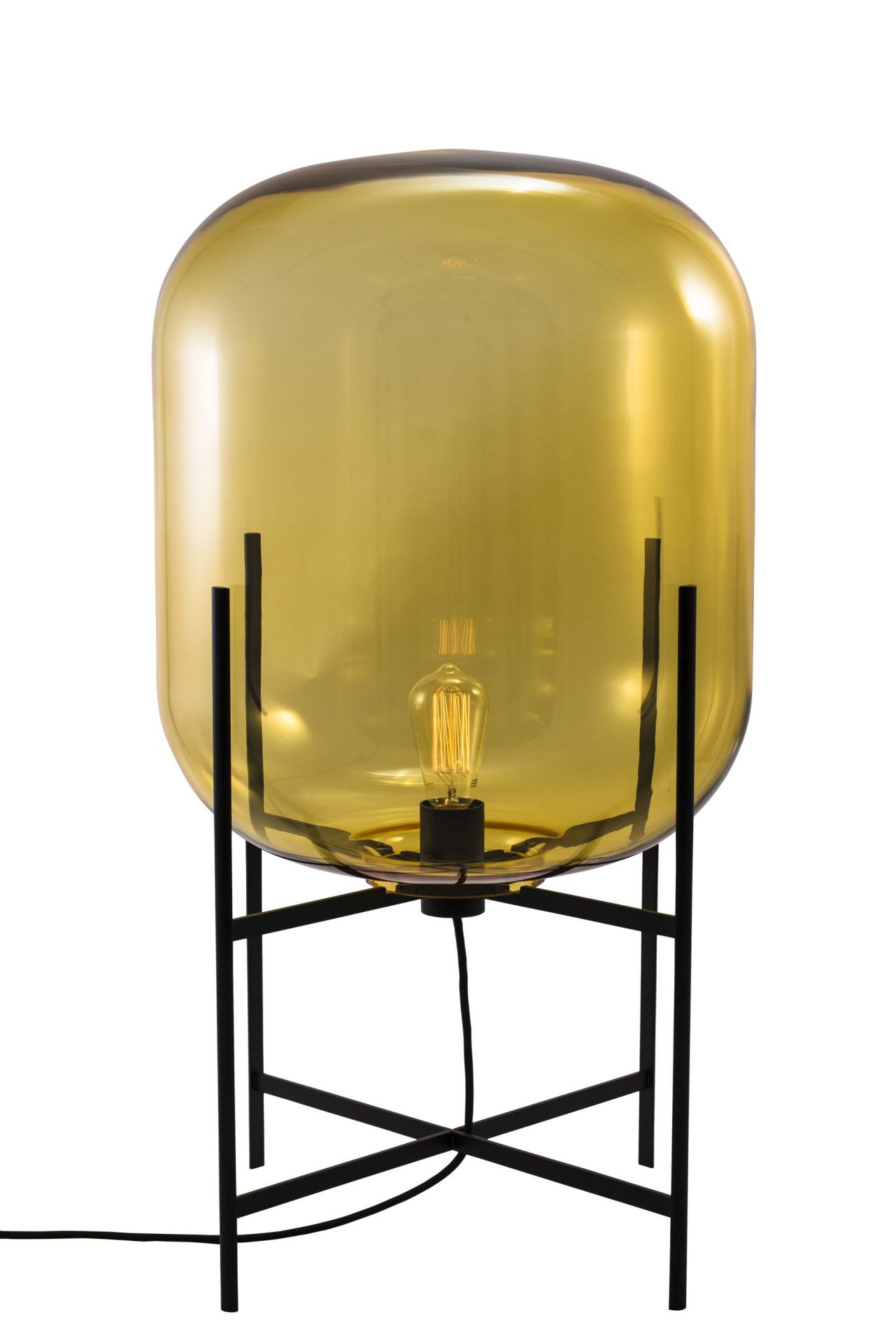 Oda Stehleuchte in Bernstein von Pulpo mit schwarzem Metallgestell und warmem Licht.