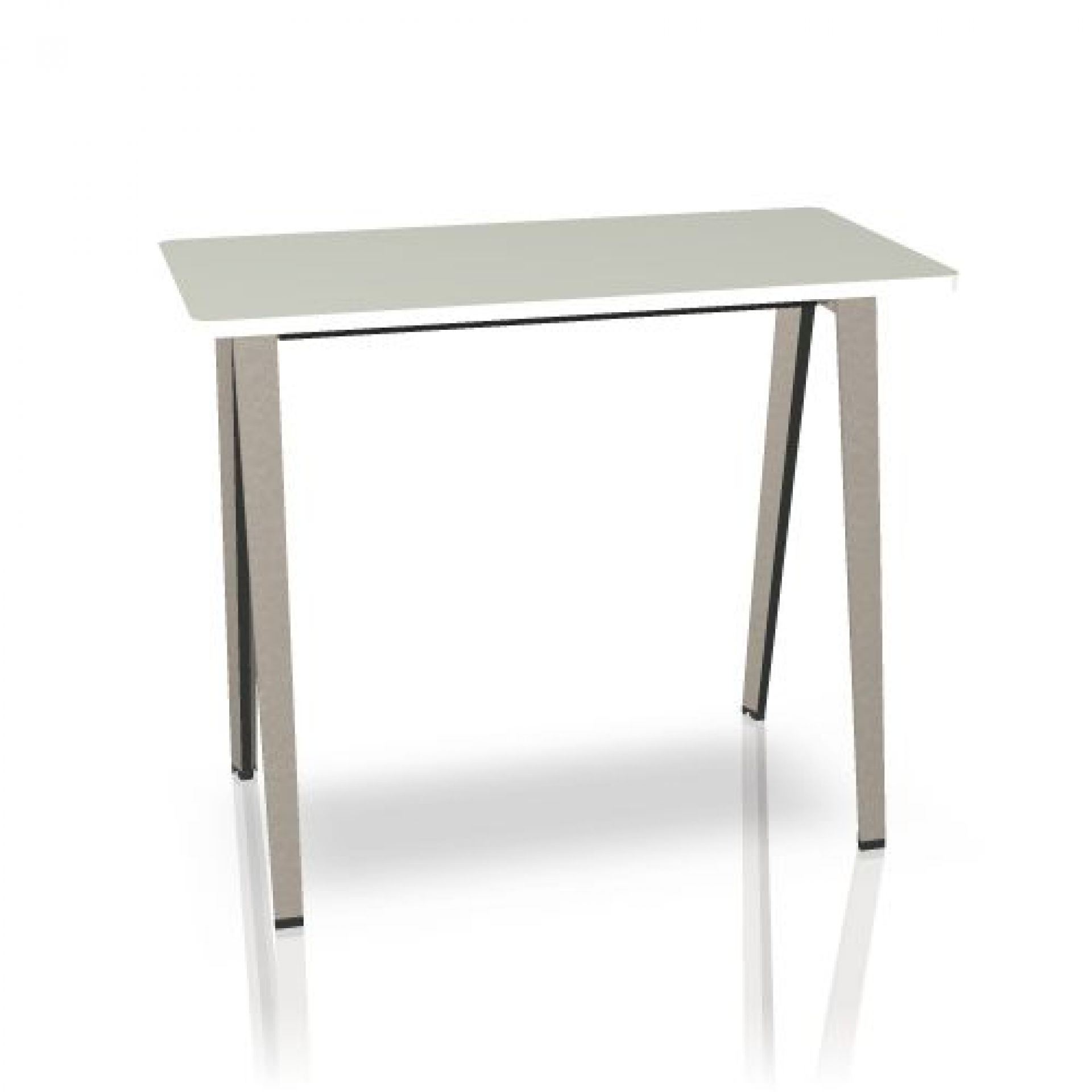 B-Free Stehtisch von Steelcase mit weißer Tischplatte und grauem Stahlfuß auf weißem Hintergrund.