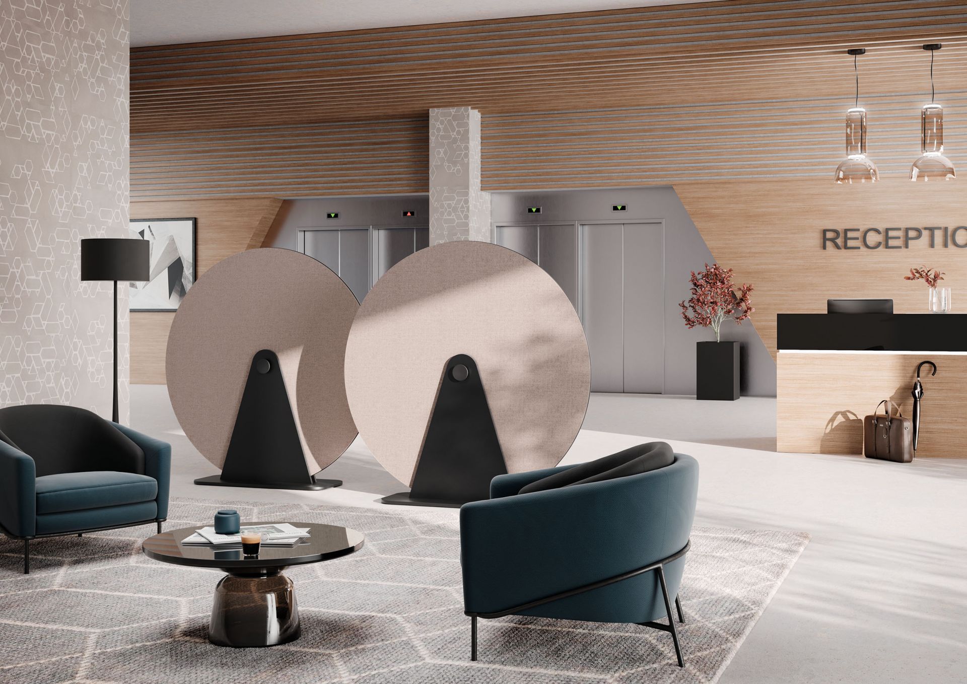 Zwei Palmberg Terio Plus Akustik-Absorber Scheiben in Beige im modernen Büro-Loungebereich zur Schallreduzierung.