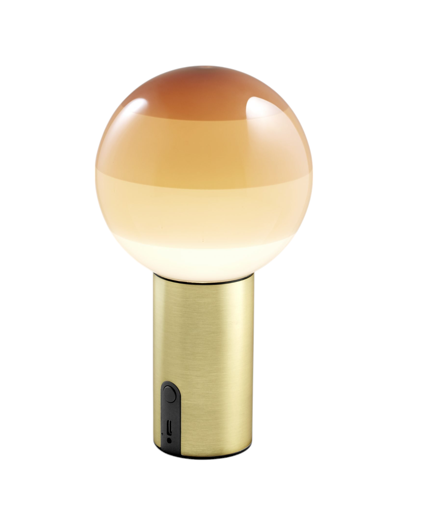 Nahaufnahme der Marset Dipping Light Portable LED Akkuleuchte mit goldenem Sockel und farbigem Glasschirm.