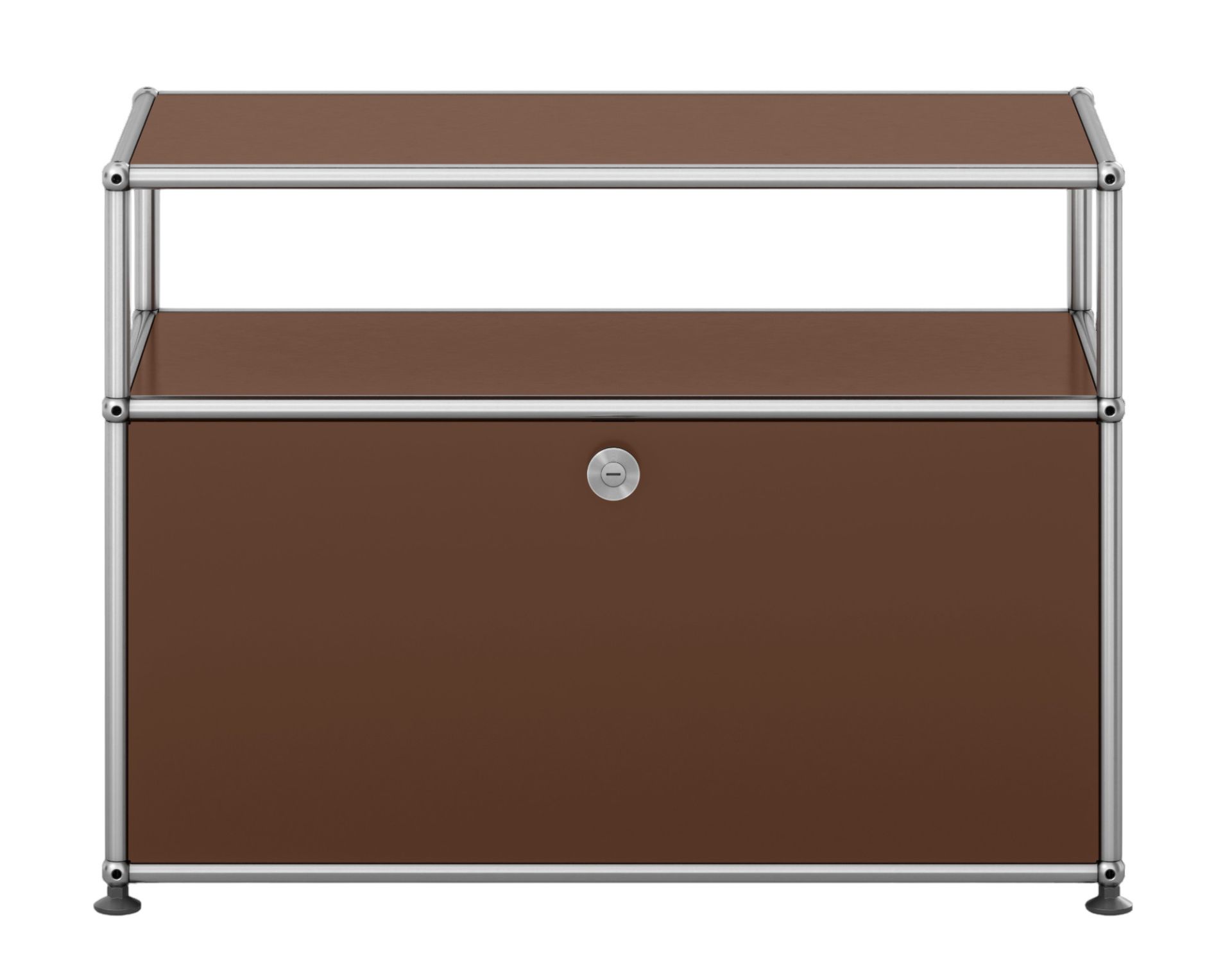 Braunes USM Haller Möbel mit Klappe, modulare Aufbewahrungslösung für Wohnzimmer und Büro.