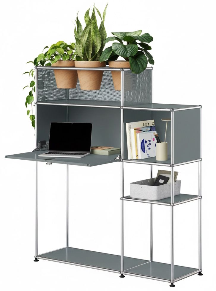 Home Office mit Pflanzenelement USM Haller Mittelgrau