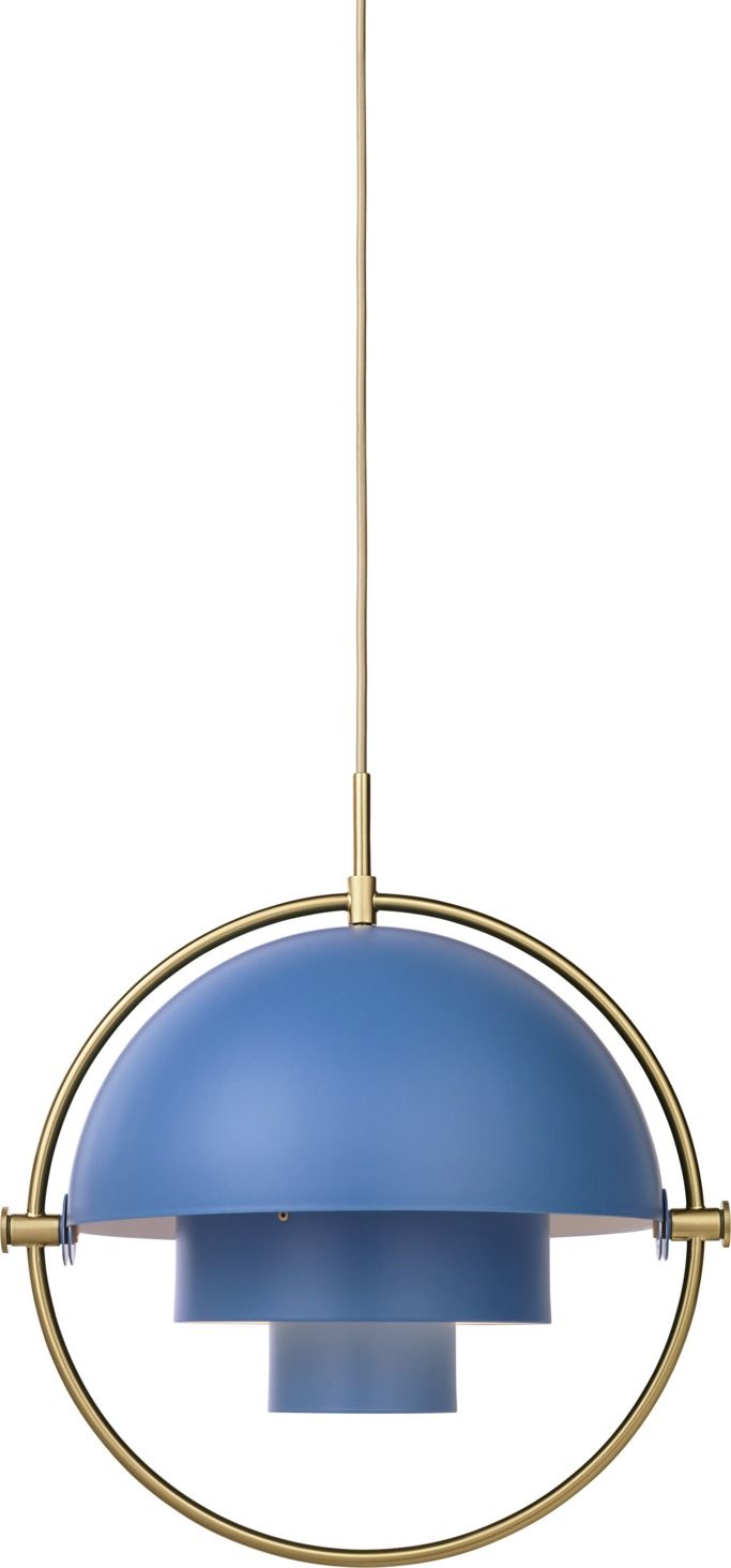 Gubi Multi-Lite Pendelleuchte in Blau und Messing, moderne Hängeleuchte für stilvolle Innenräume.