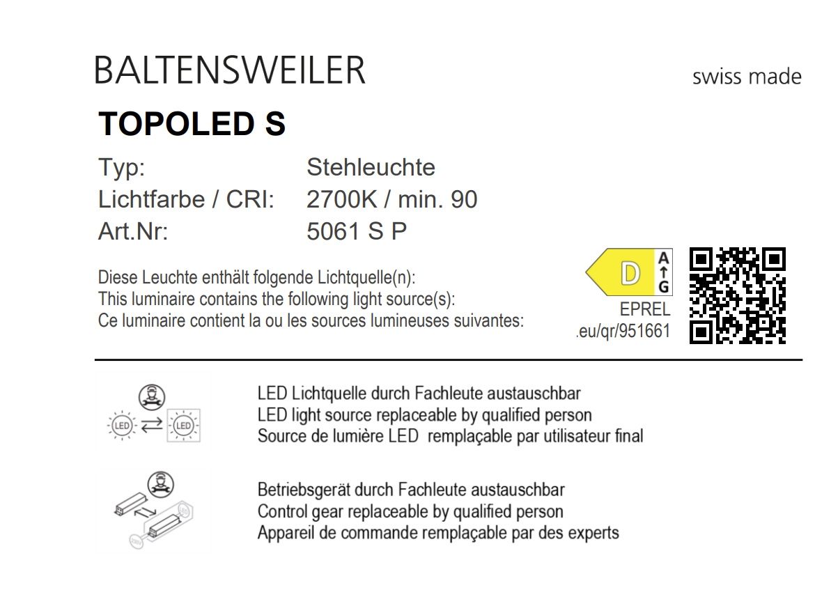 Detailansicht der TOPOLED S Stehleuchte von Baltensweiler mit technischen Daten und Energieeffizienzklasse.