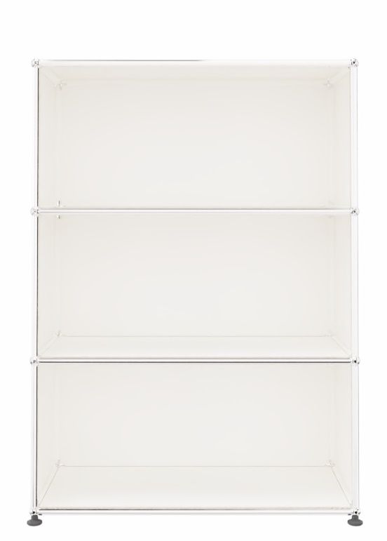 Weißes, offenes USM Haller Highboard mit zwei Fächern und verchromten Verbindungsrohren für modulare Büromöbel.