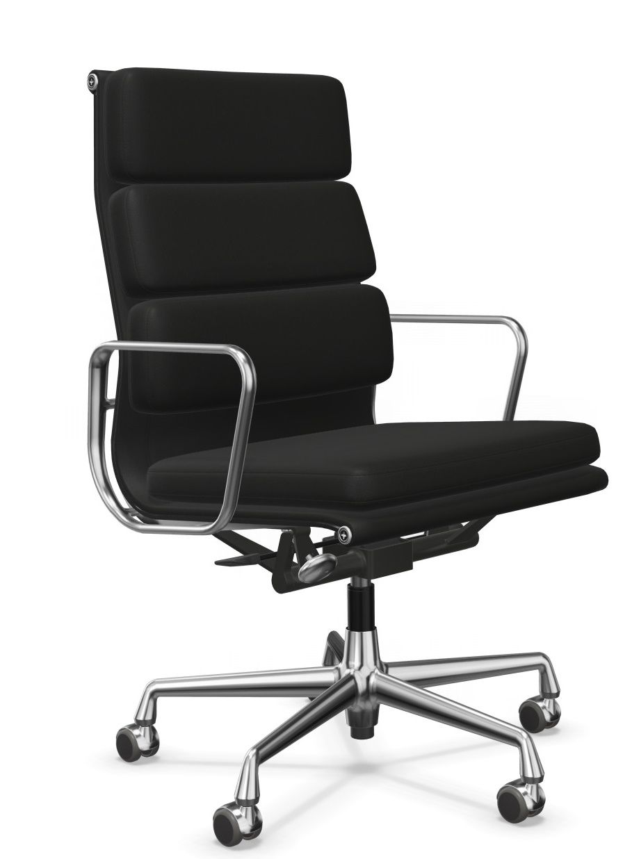 Soft Pad Chair EA219 / EA 219 HOHER RÜCKEN , DREHBAR, LEDER PREMIUM F NERO MIT KONTRASTNAHT, GESTELL VERCHROMT Vitra EINZELSTÜCK 