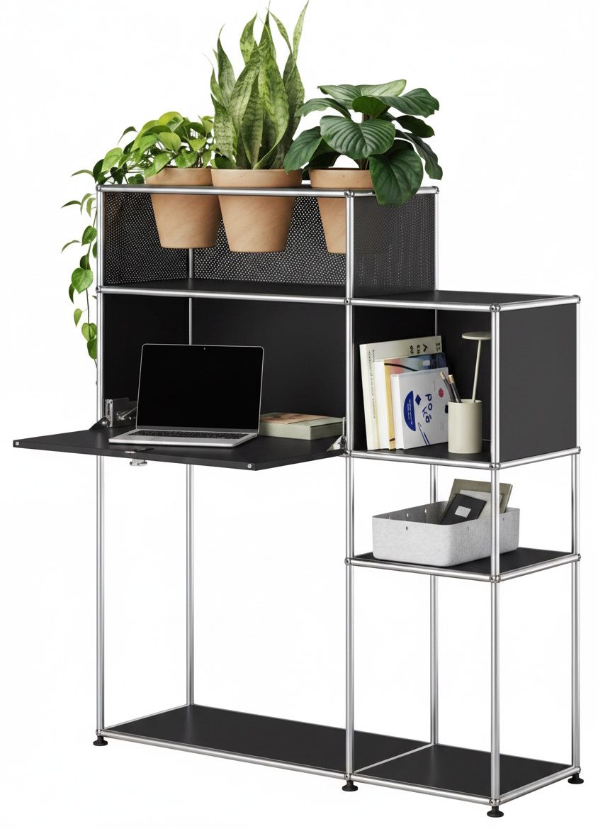 Home Office mit Pflanzenelement USM Haller Graphitschwarz