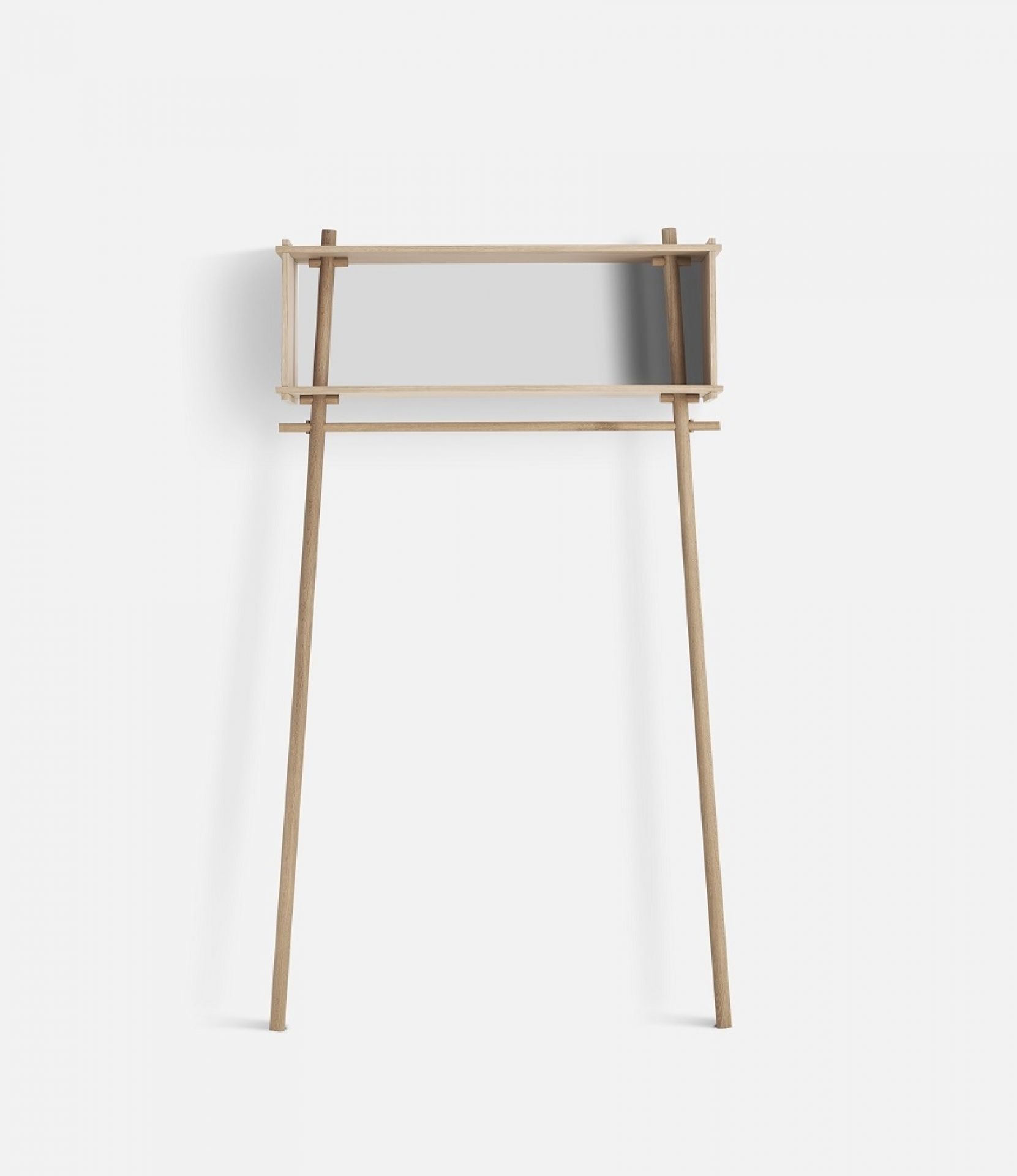 Töjbox Anlehngarderobe von Woud, minimalistisches Design aus Eiche, weiß pigmentiert, mit Ablage und Kleiderstange.