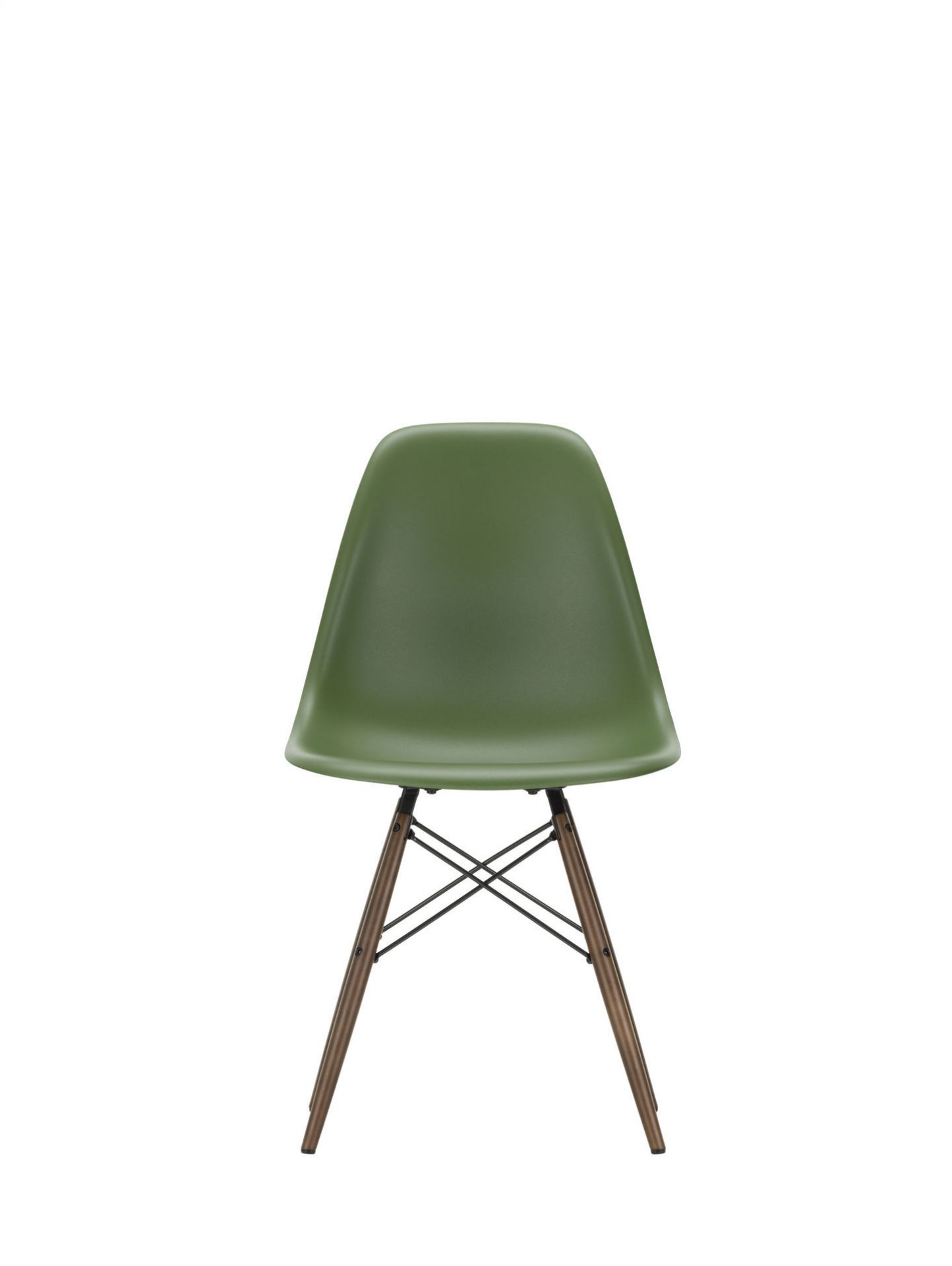 Eames Plastic Side Chair: Grüner Design Stuhl mit Ahorn-Holzbeinen und schwarzem Gestell. Vitra Stuhl.