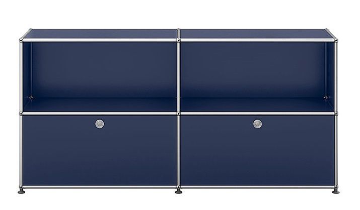 USM Haller Sideboard in Stahlblau mit zwei Klappen, modernes Designmöbel für Wohnzimmer und Büro.