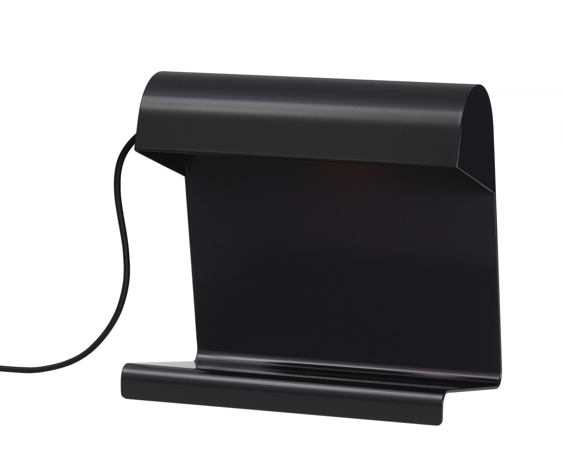 Schwarze Vitra Lampe de Bureau Tischleuchte mit minimalistischem Design und Kabel auf weißem Hintergrund.