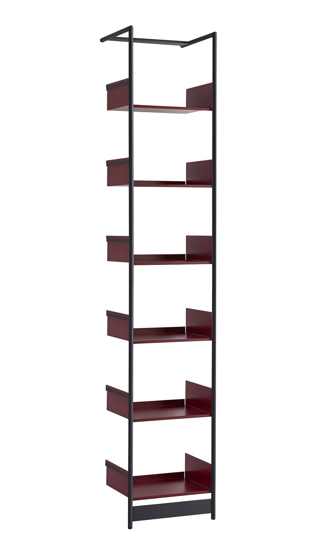Pool 220 Anlehnregal Mox: Freistehendes Regal mit schwarzem Rahmen und bordeauxroten Regalböden für Wohnzimmer und Büro.