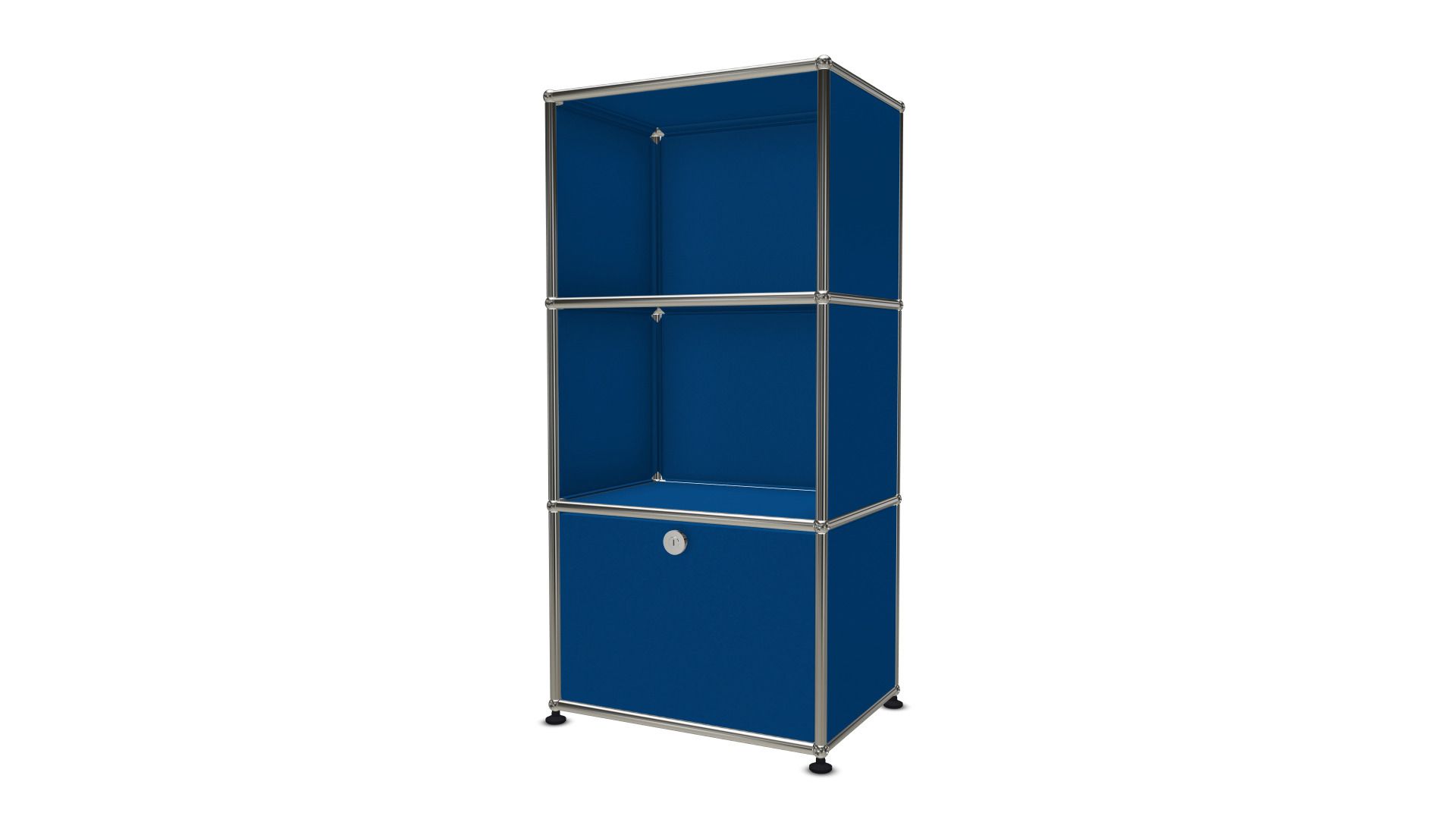 USM Haller Regal enzianblau mit Ausziehtür, drei Fächer und verchromtem Gestell für Büro und Wohnzimmer.