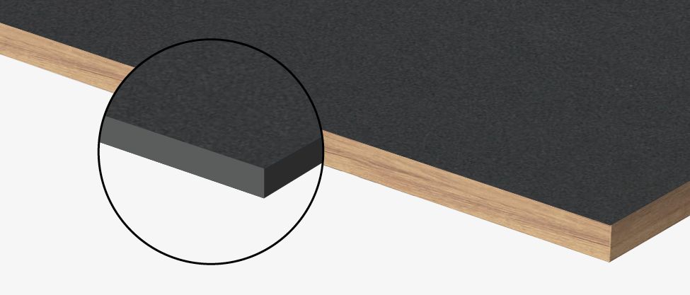 Eiermann Tischplatten Linoleum Richard Lampert Detailansicht der Eiermann Tischplatte mit Linoleum-Oberfläche und Holzkante, ideal für Büromöbel.