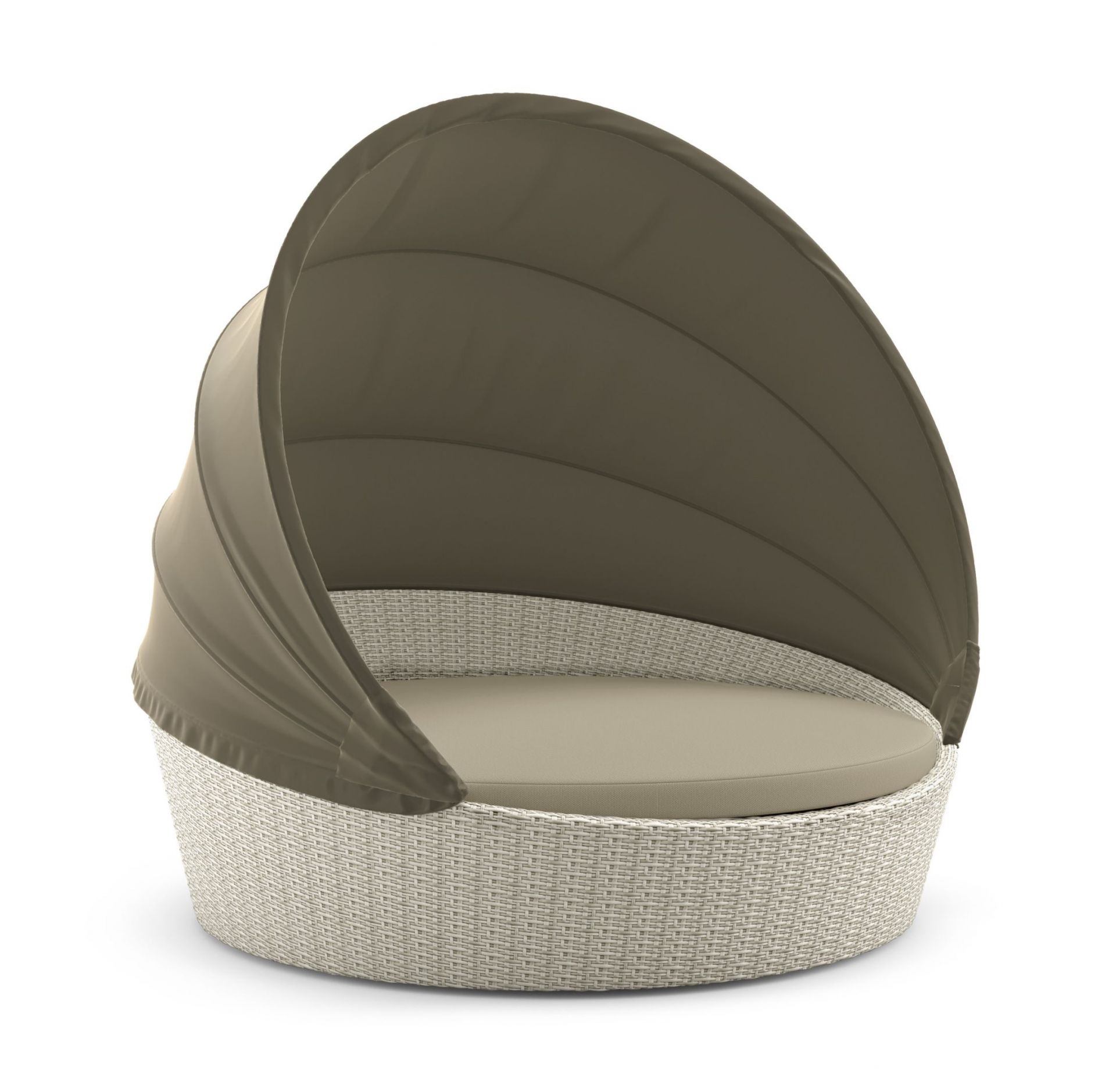 Orbit XXL Sofainsel von Dedon mit Verdeck in Taupe, moderne Gartenmöbel für den Außenbereich.