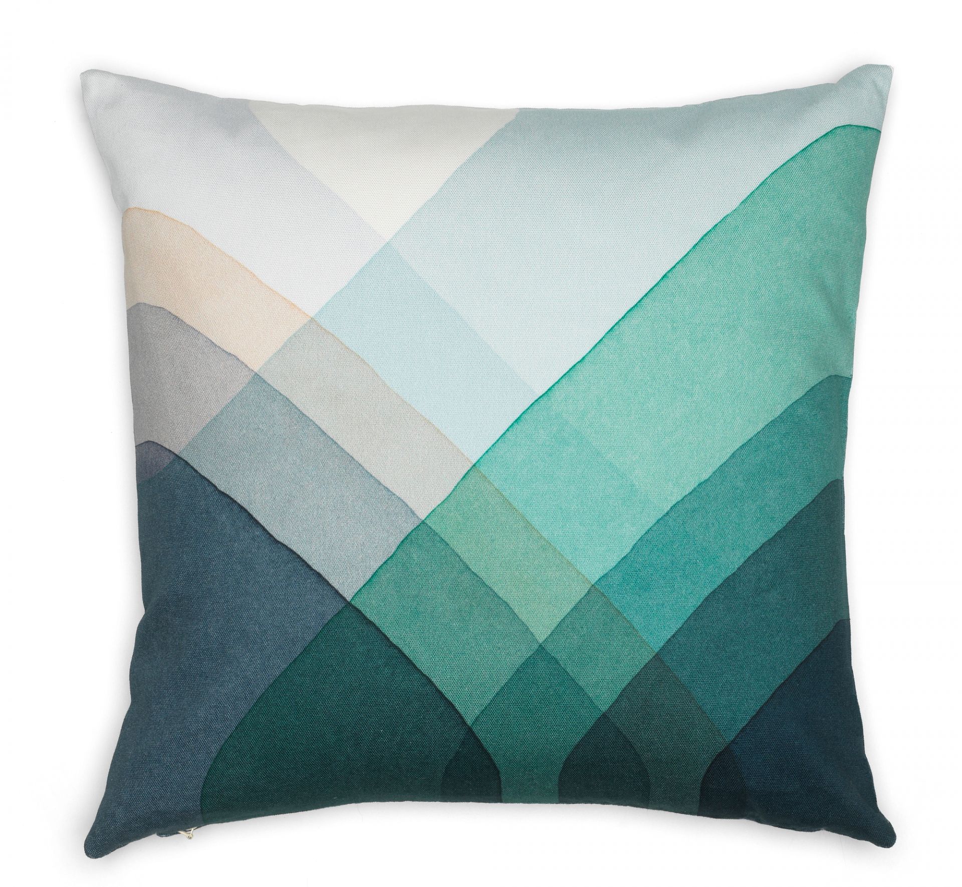 Blaues Heringbone Pillows Kissen mit abstraktem, geometrischem Muster in verschiedenen Blautönen und Beige. Dekokissen für Wohnzimmer.