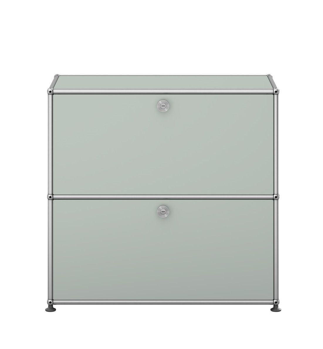USM Haller Sideboard klein in Lichtgrau mit zwei abschließbaren Fächern und Chromgestell.