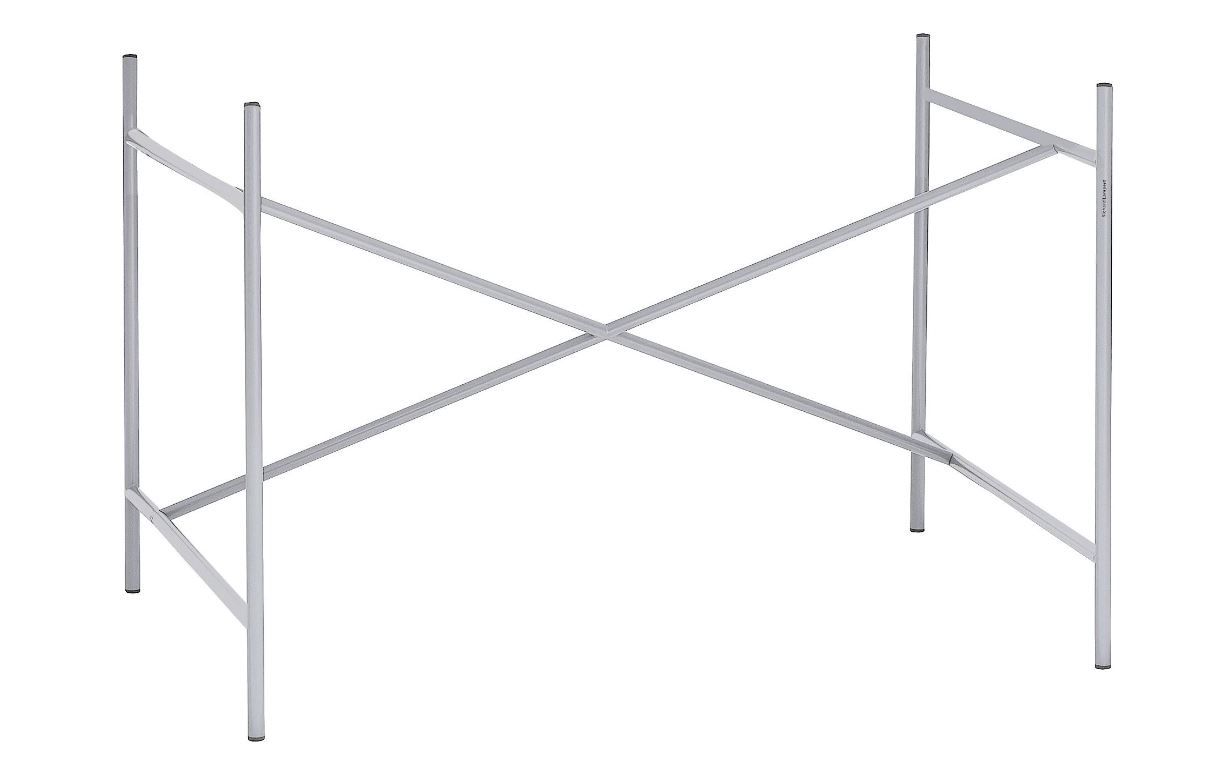 Eiermann Tischgestell in Silber mit exzentrischen Kreuzstreben, ideal für moderne Büros und Arbeitszimmer.