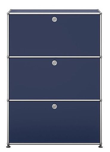 USM Haller Highboard in Stahlblau mit drei Klappen und silbernem Gestell, modernes Designmöbel.