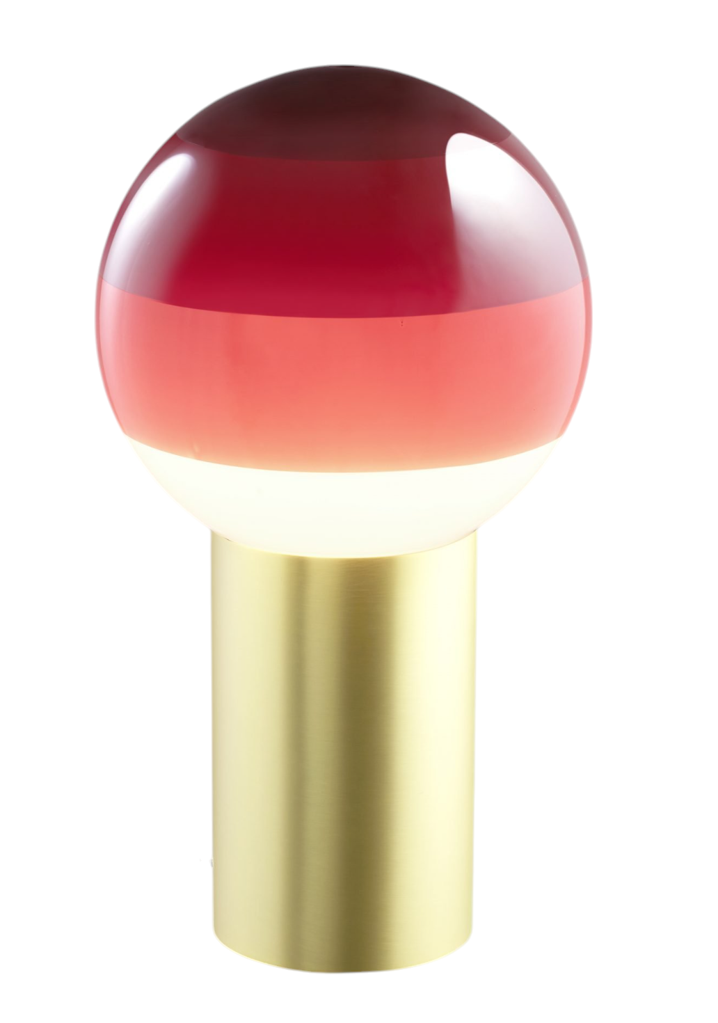 Nahaufnahme der Marset Dipping Light M LED Tischleuchte mit rotem Schirm und goldenem Fuß.