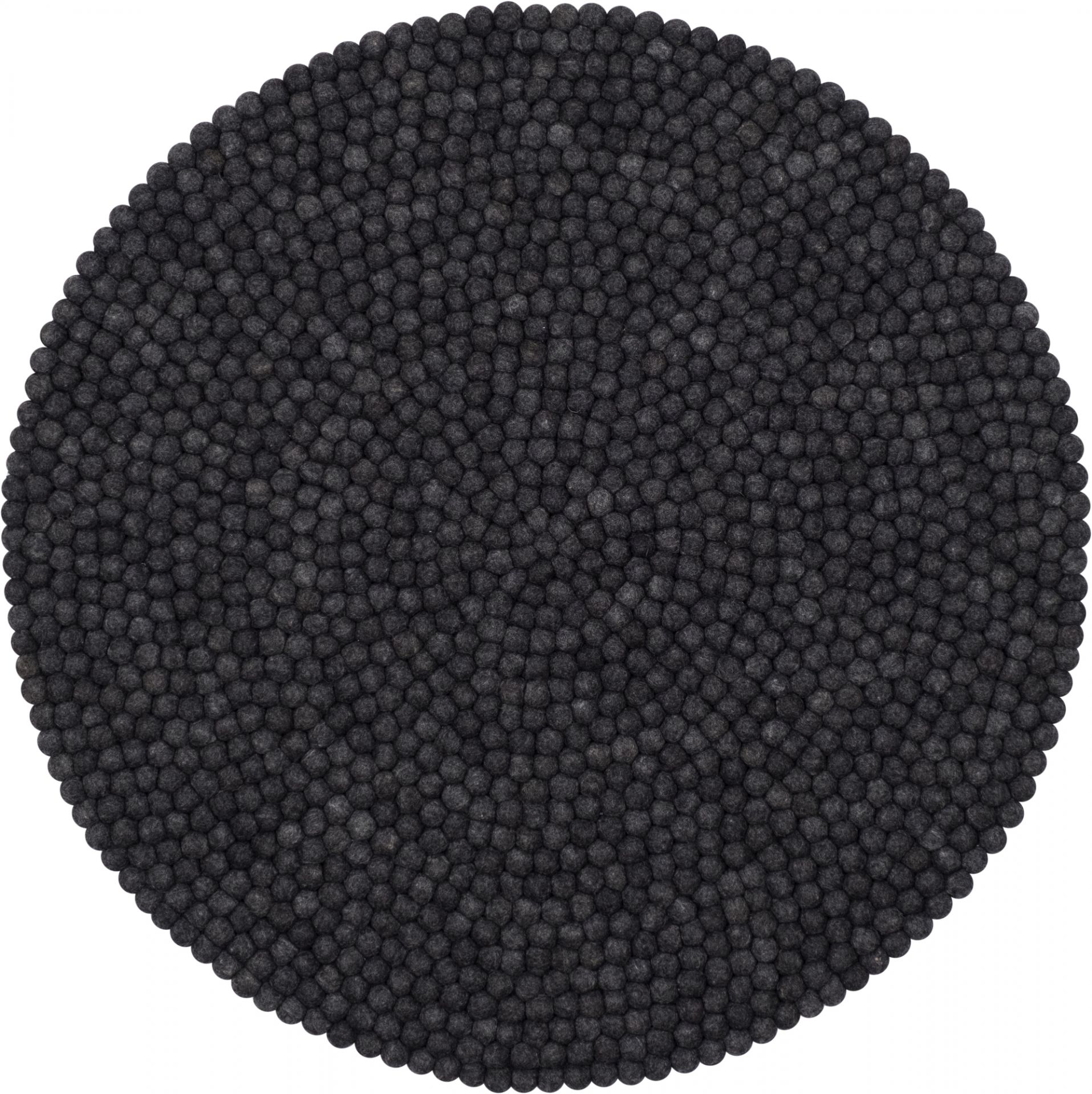 Runder, anthrazitfarbener Filzkugel Teppich "Myfelt Hugo" mit 120 cm Durchmesser, gefertigt aus vielen kleinen Filzkugeln.